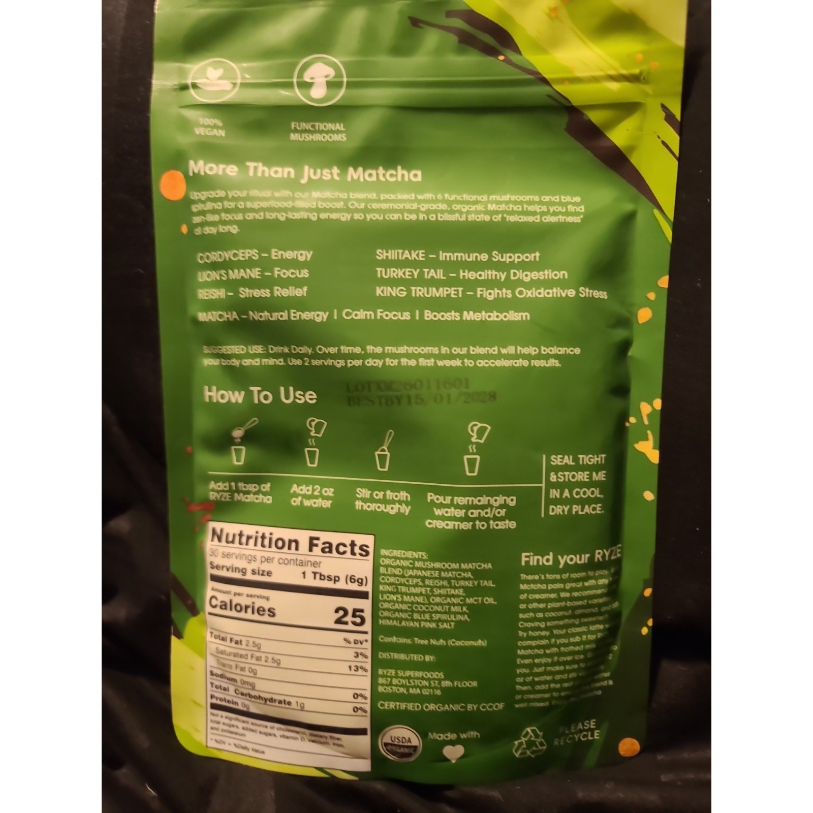 Mushroom Matcha Drink Mix Powder Organic Vegan 6.35oz 30 Servings Pouch