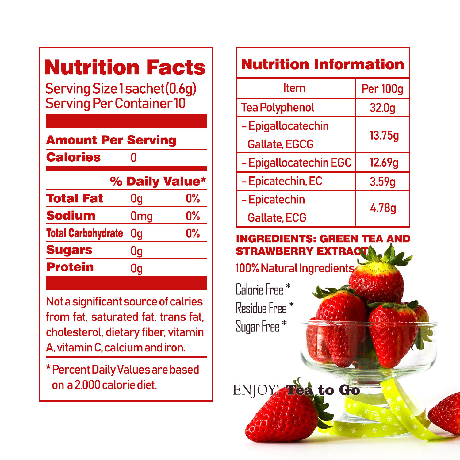 Premium 100% Natural Strawberry Green Extracted Tea Sugar Free (10 Sachests)