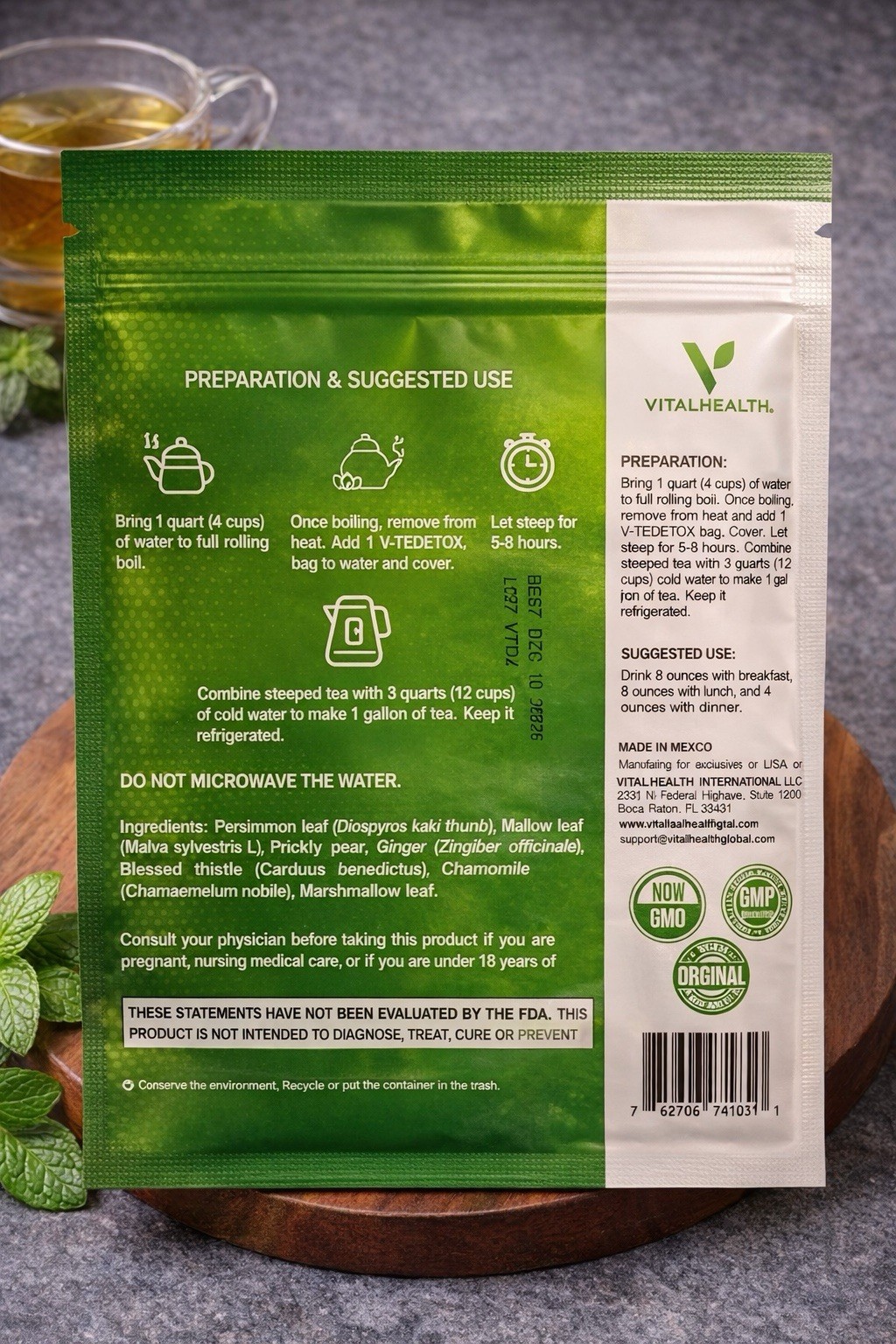 VitalHealth V TE DETOX Herbal Tea 1 Bag for 1 Gallon NEW Exp 10/2027