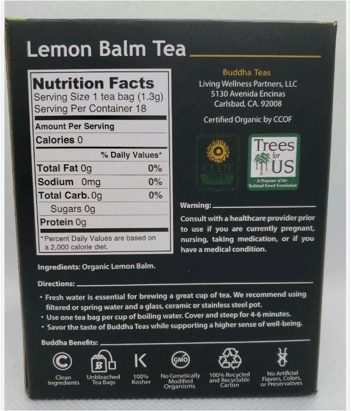 Buddha Teas Certified Organic Lemon Balm Tea 18 Tea Bags 4/2028