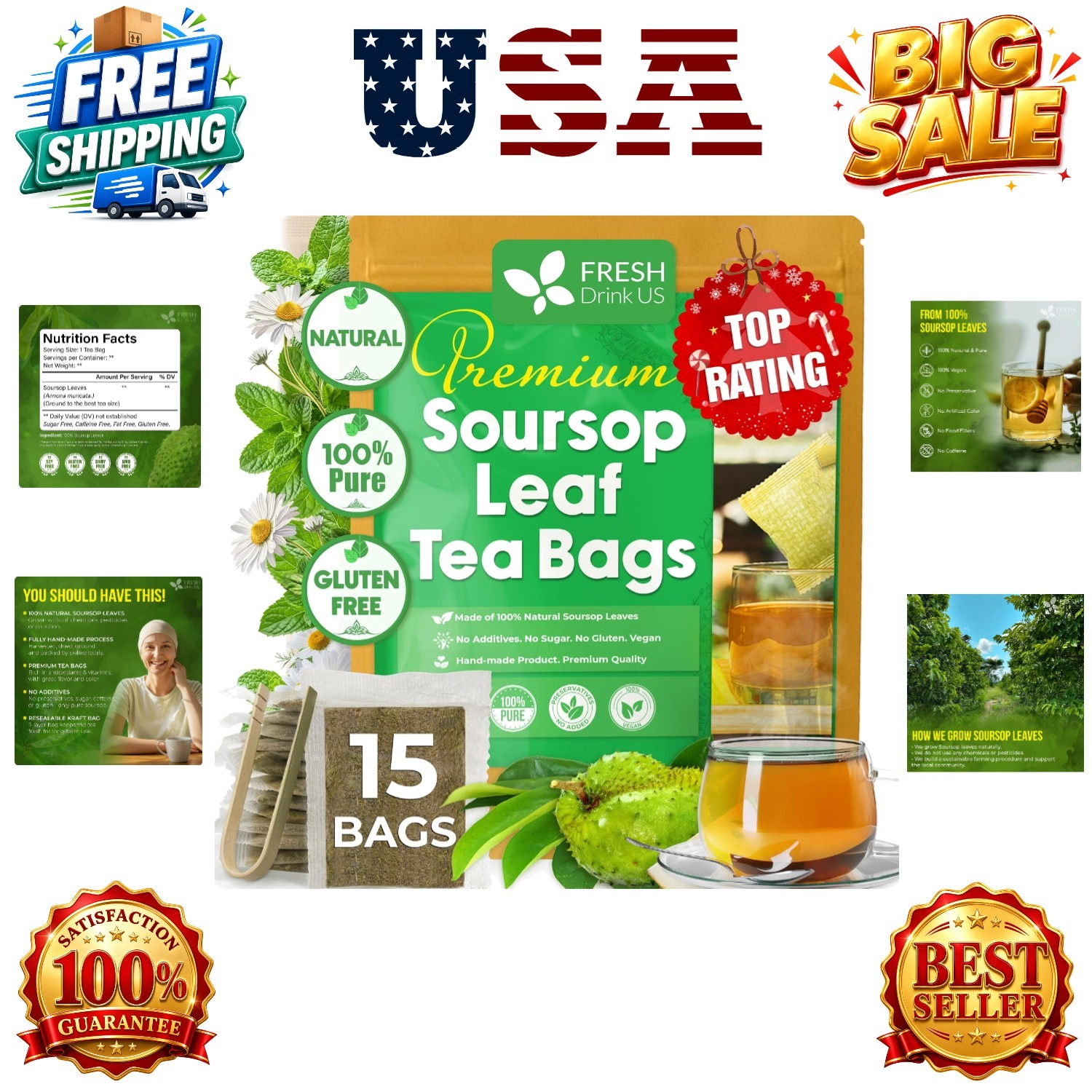 15 Soursop Graviola Leaf Tea Bags, 100% Natural and Pure from Soursop Leaves…