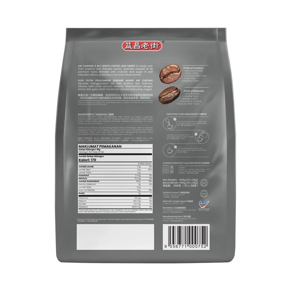 2 PACKS AIK CHEONG 3 IN 1 WHITE COFFEE LESS SWEET (38g x 12s) EXPRESS SHIPPING
