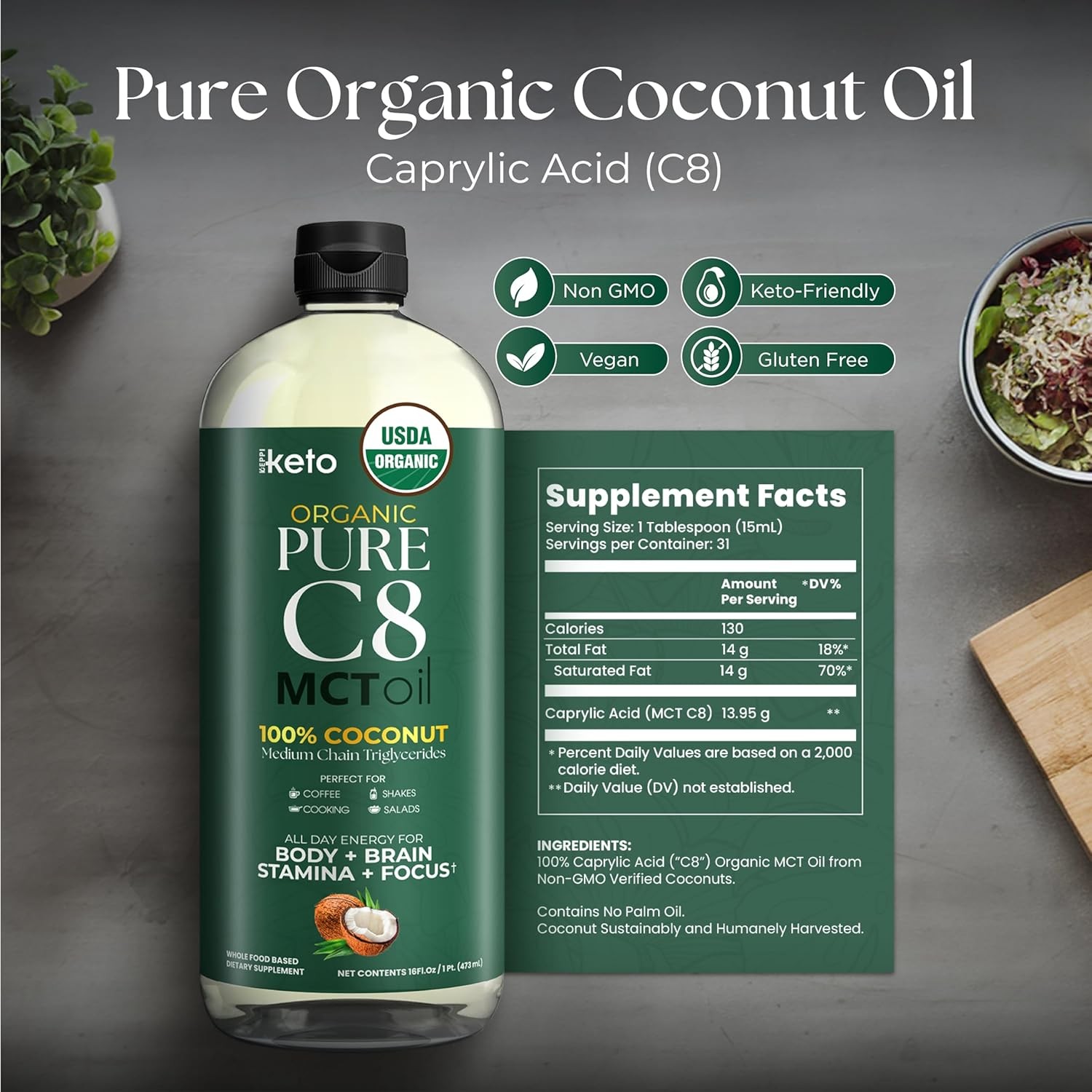 Keppi Keto Organic MCT Oil – Flavorless C8, Non-GMO, 16 Fl Oz (Pack of 1), C8
