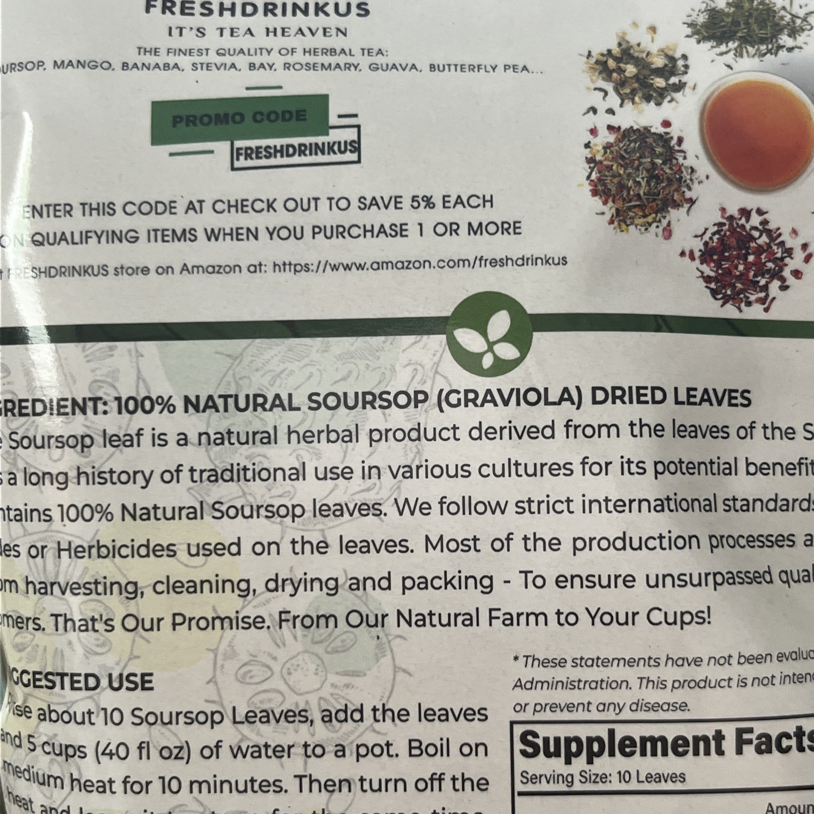 FreshDrinkUS, 330+ Premium Soursop Dried Leafs tea leaves