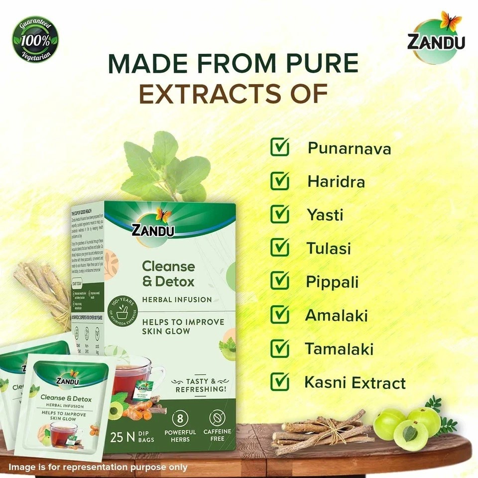 Zandu Cleanse Detox Herbal Green Tea 25 Bags | Skin Glow & Body Detox, 90g