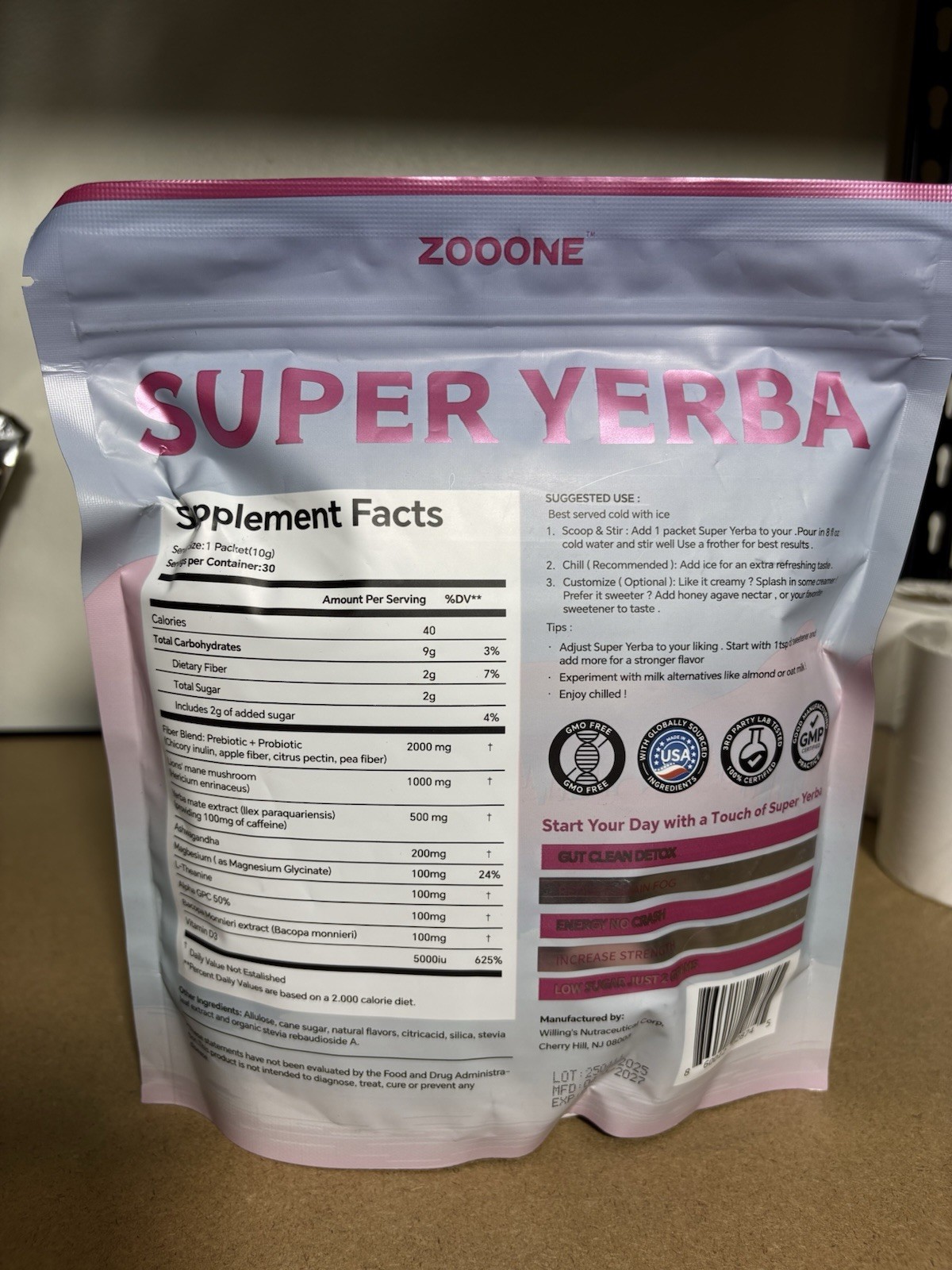 Zooone Super Yerba Instant Powder- Raspberry Lemonade –30 Servings Exp 4/27