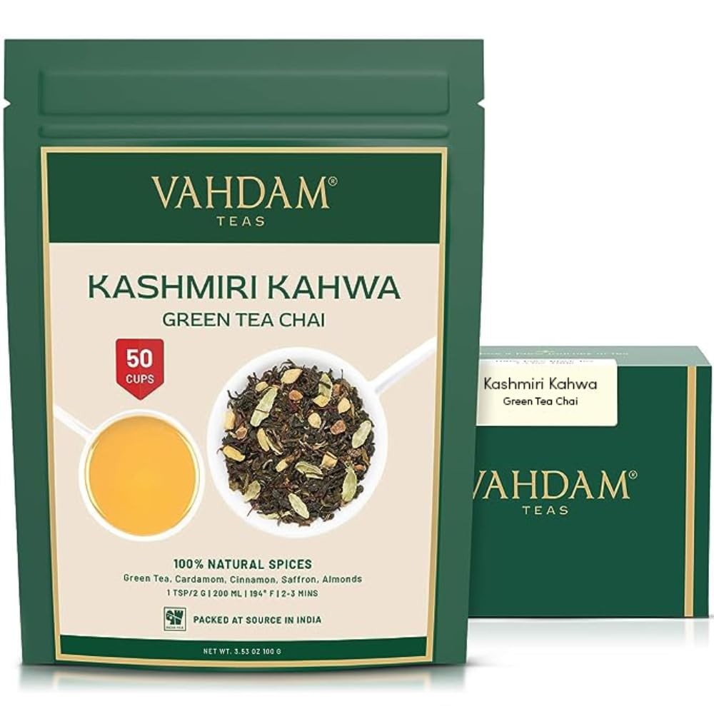 , Kashmiri Kahwa Tea (50 Cups/3.53oz) | Green Tea, Cinnamon, Cardamom, Almond…