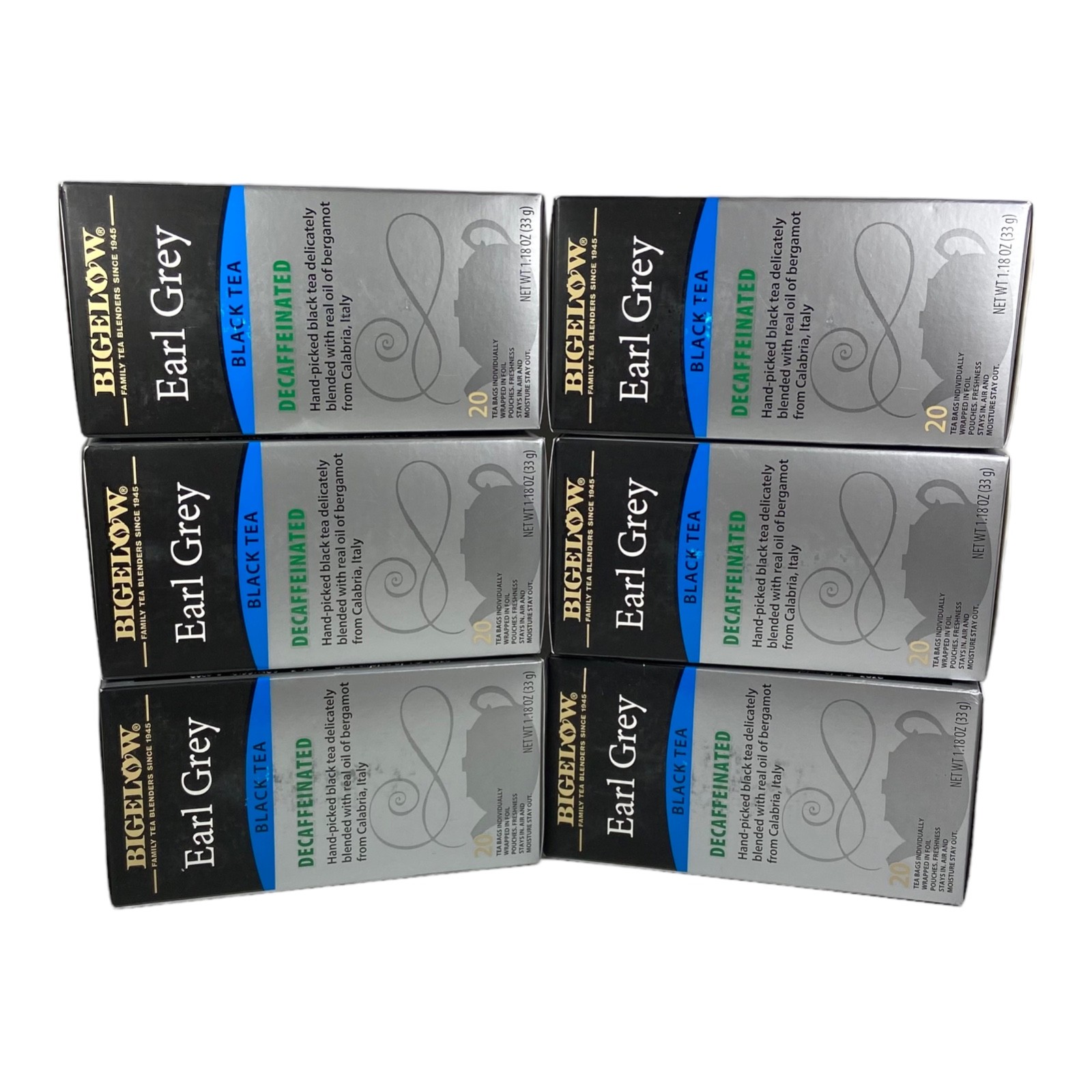 Lot of 6 NEW Bigelow Earl Grey Black Tea Bags Decaffeinated 120 Bags Total