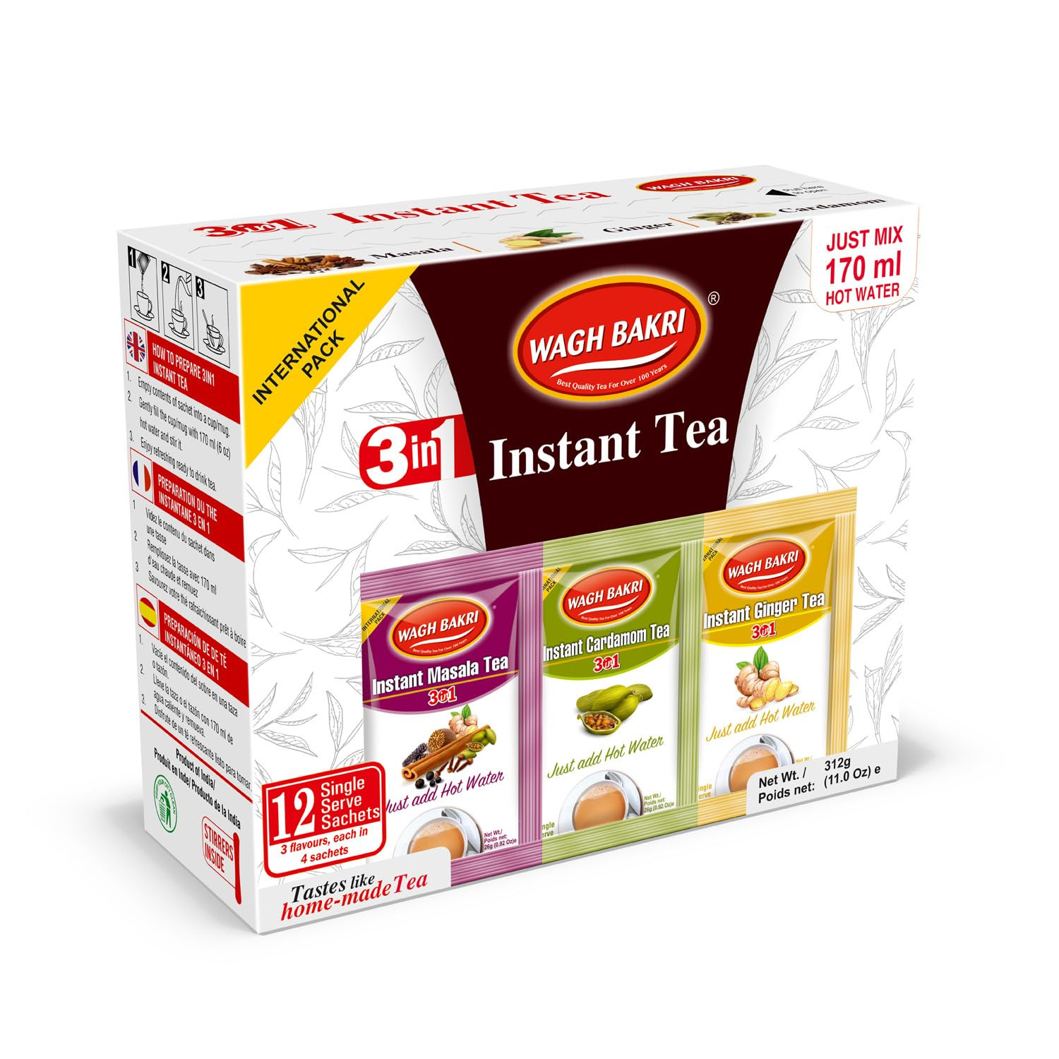 Wagh Bakri Instant Tea Premix Combo Cardamom Ginger Masala 12 Sachets