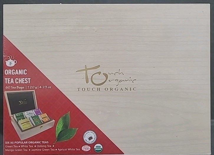 TOUCH ORGANIC ORGANIC WOODEN TEA CHEST 60 ASSORTED BIODEGRADABLE TEABAGS. SEALED