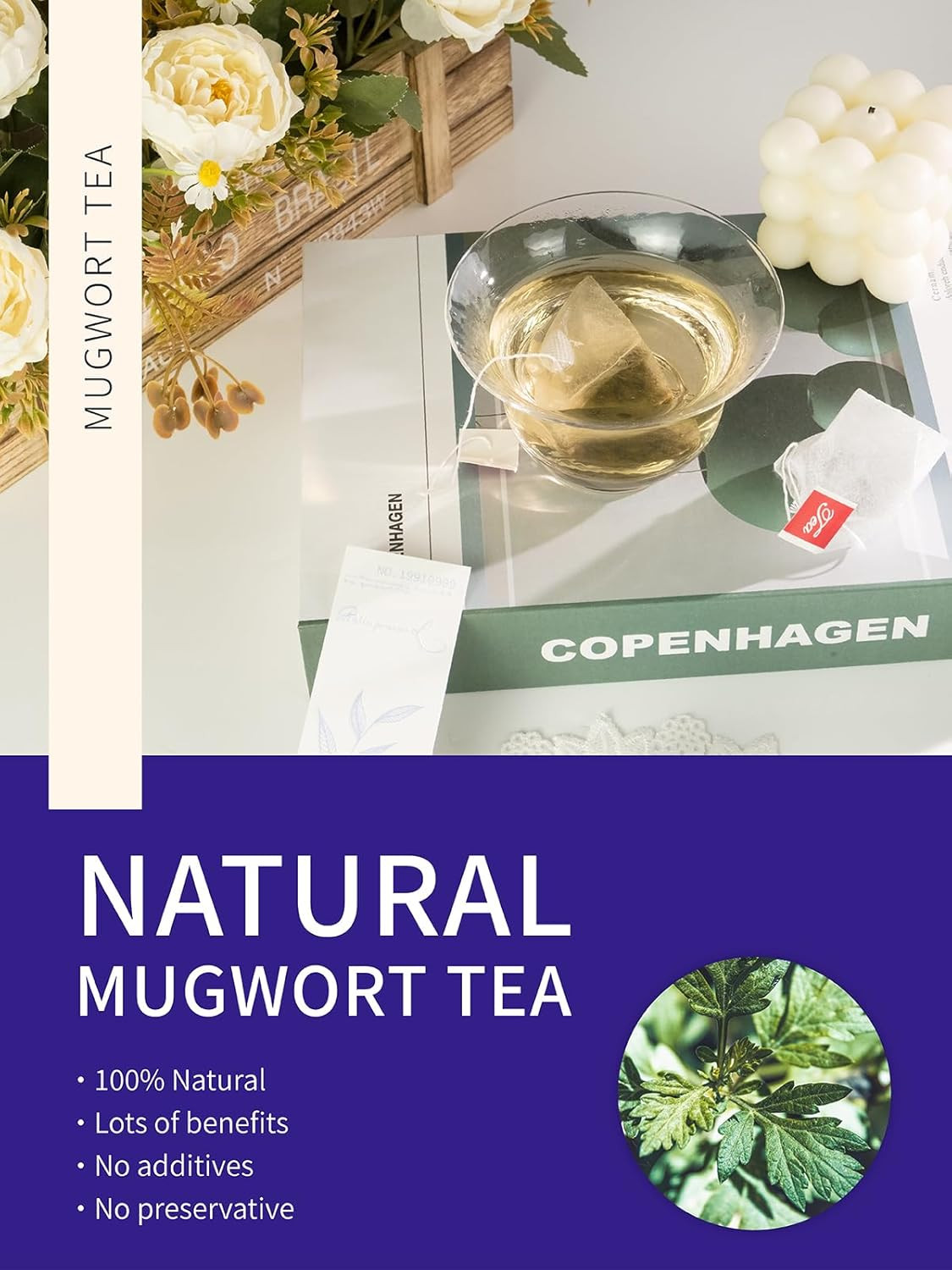 Mugwort Tea Bags, 40 Count, Natural Mugwort Leaves, Caffeine Free, Biodegradable