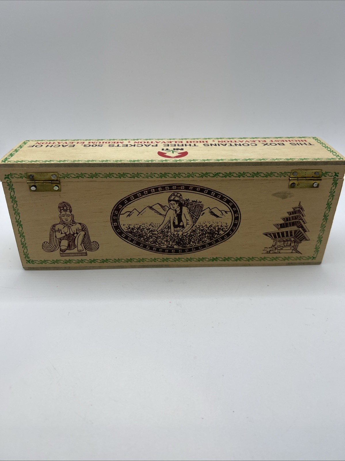Wooden Tea Box from Niti Labeled “Three Packets 50G” from Different Elevations