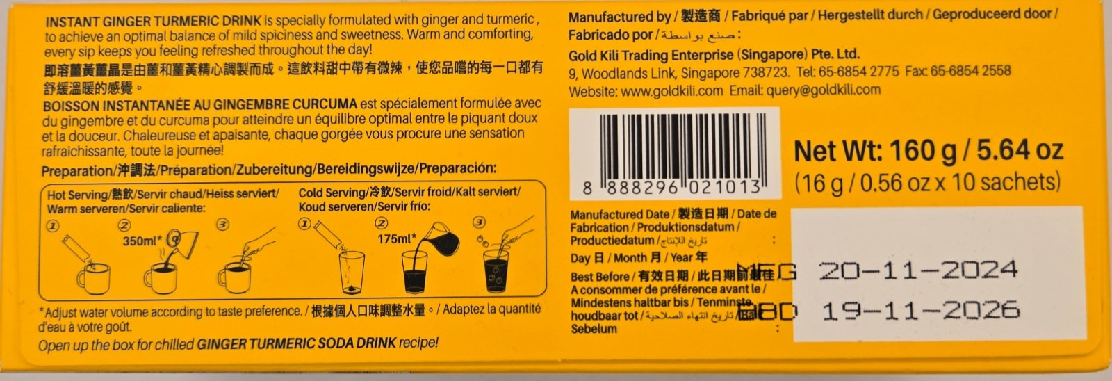 Gold Kili Instant Ginger Turmeric Drink / 10 Sachets X 16g