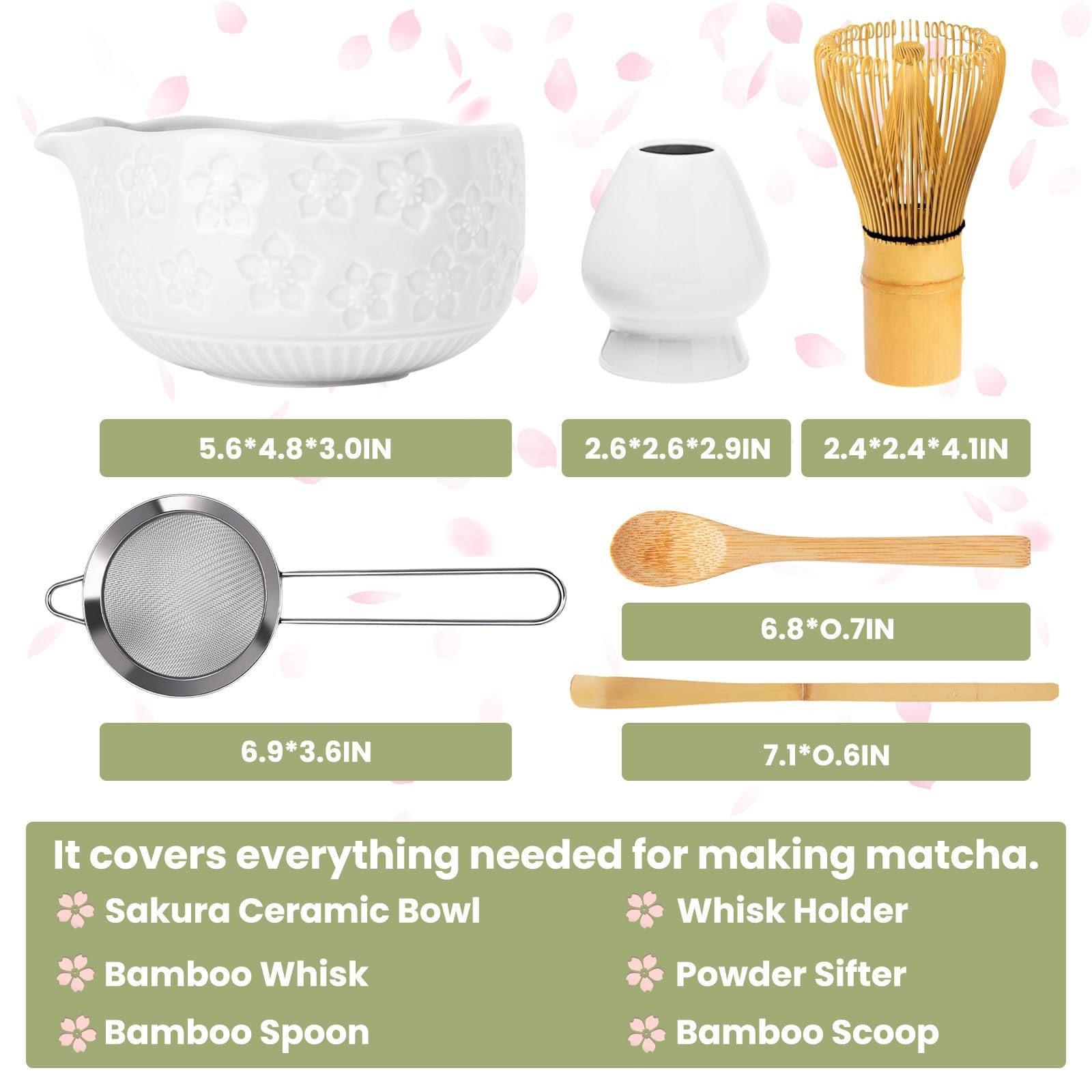 Matcha Whisk Set 6 Pcs Sakura White Ceramic Bowl, Whisk, Sifter, Scoop