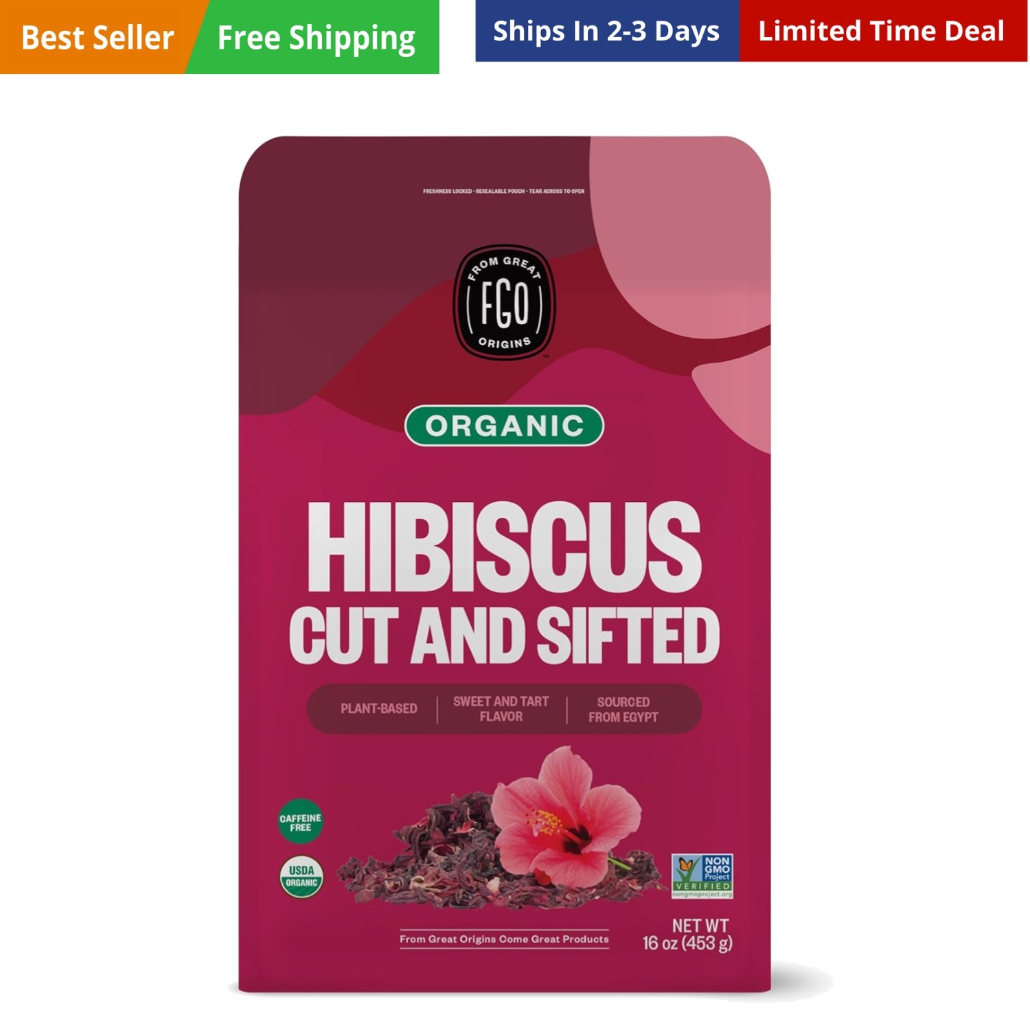 Organic Hibiscus Flowers, Cut and Sifted, 16oz Bulk Resealable Bag, Packaging…