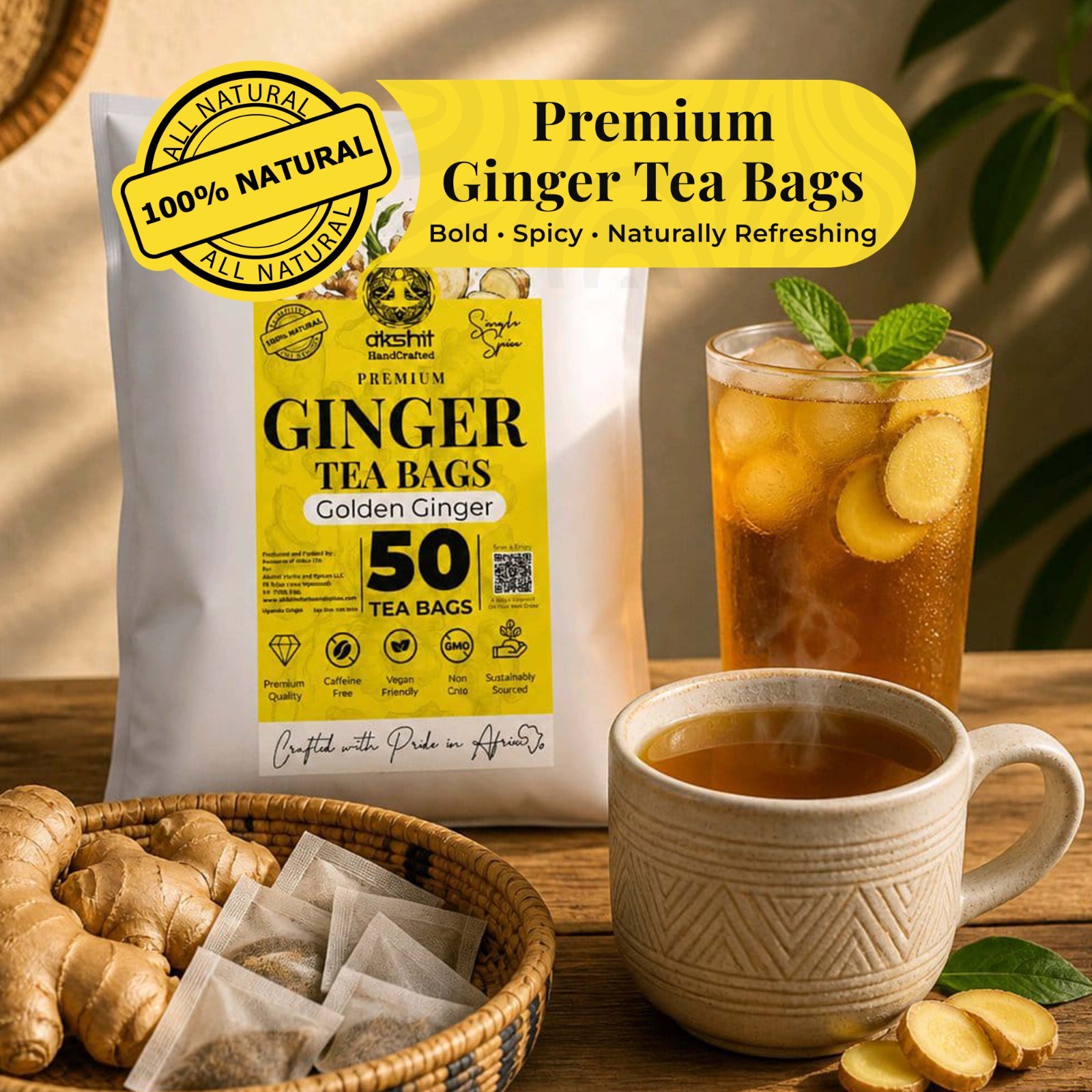 50 Ginger Tea Bags – Pure Ginger Tea – Herbal Tea Infusion