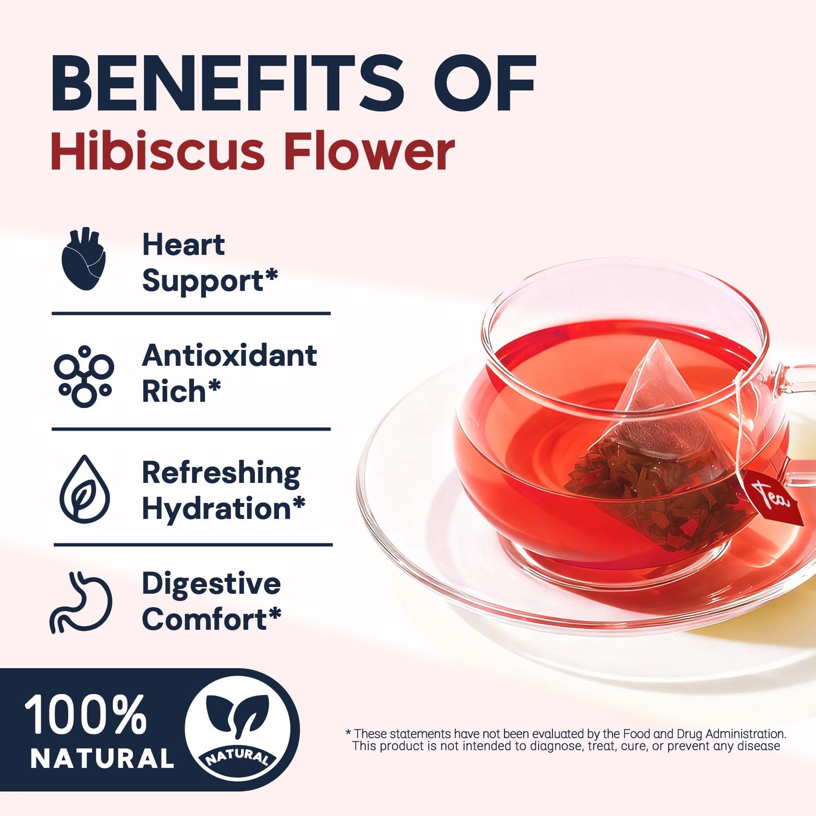Hibiscus Tea Bags, Hibiscus Flower Herbal Tea Caffeine & Sugar Free, 50 Teabags