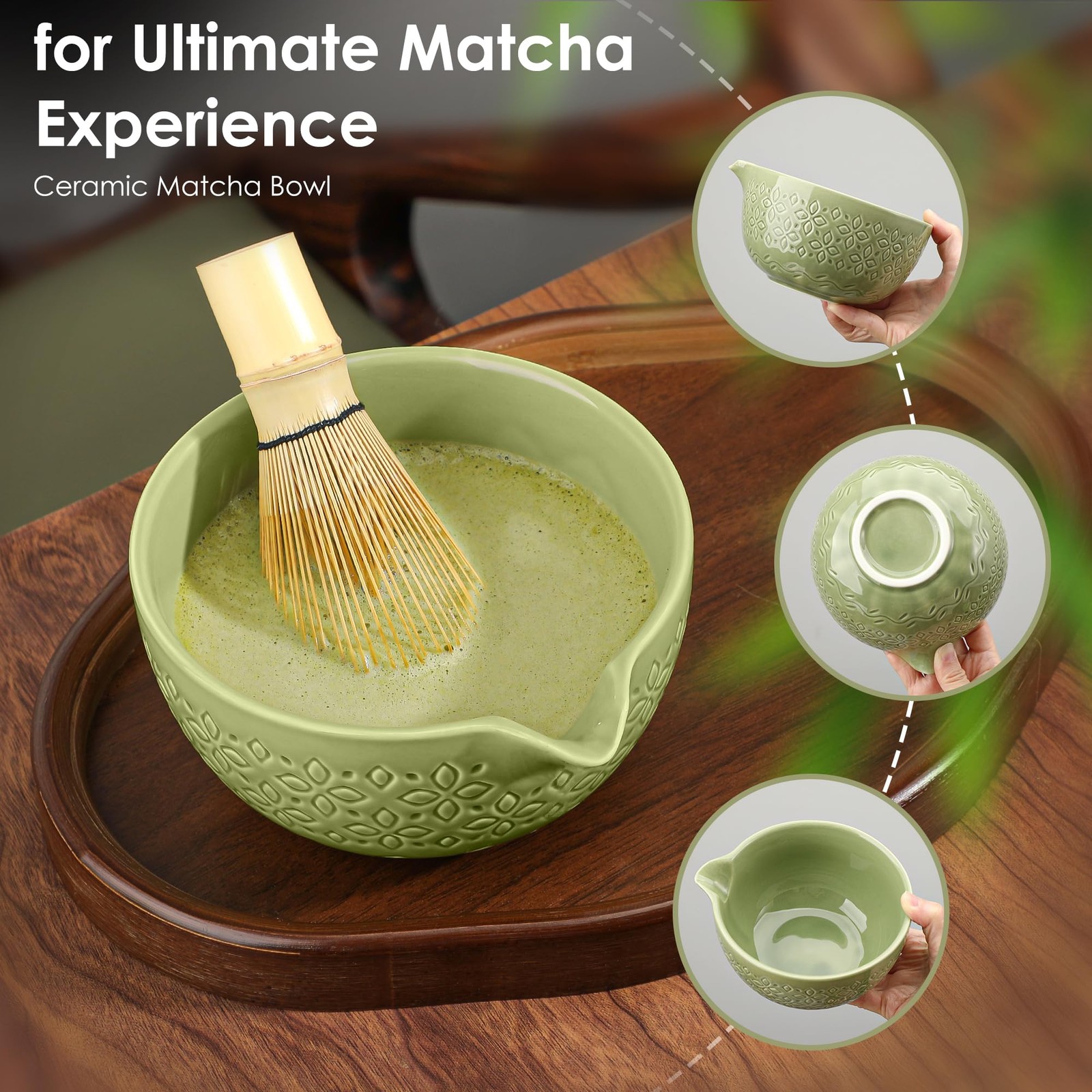 Matcha Whisk Set 7 Pc Bowl w Spout Bamboo Whisk Holder Scoop Sifter Green