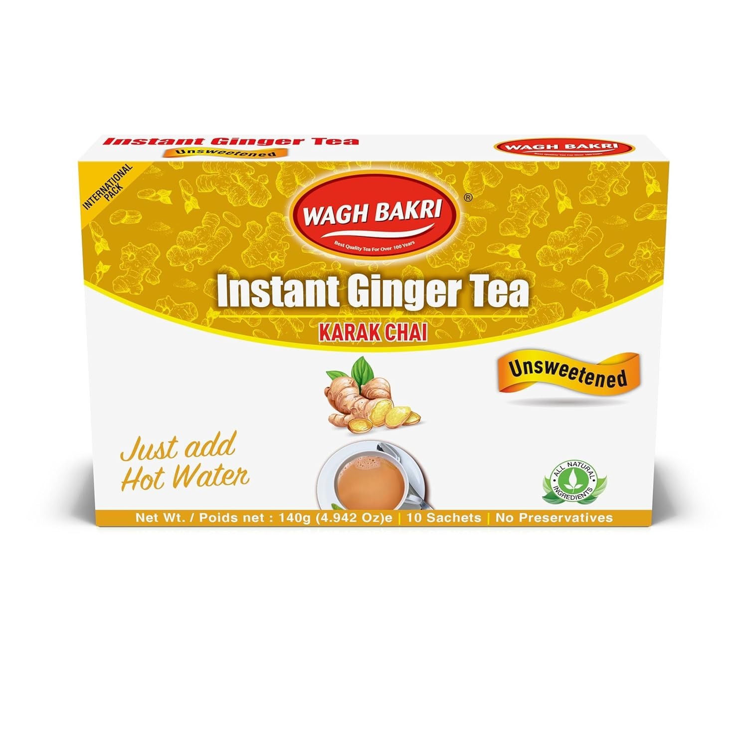 Instant Ginger Tea, Unsweetened, No Added Sugar, 140grams, 10 Sachets [Intern…