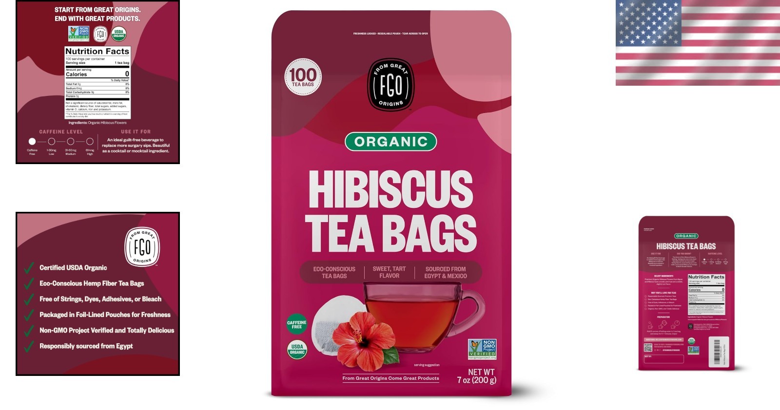 USDA Organic Hibiscus Tea – 100 Count, Eco-Friendly Bags