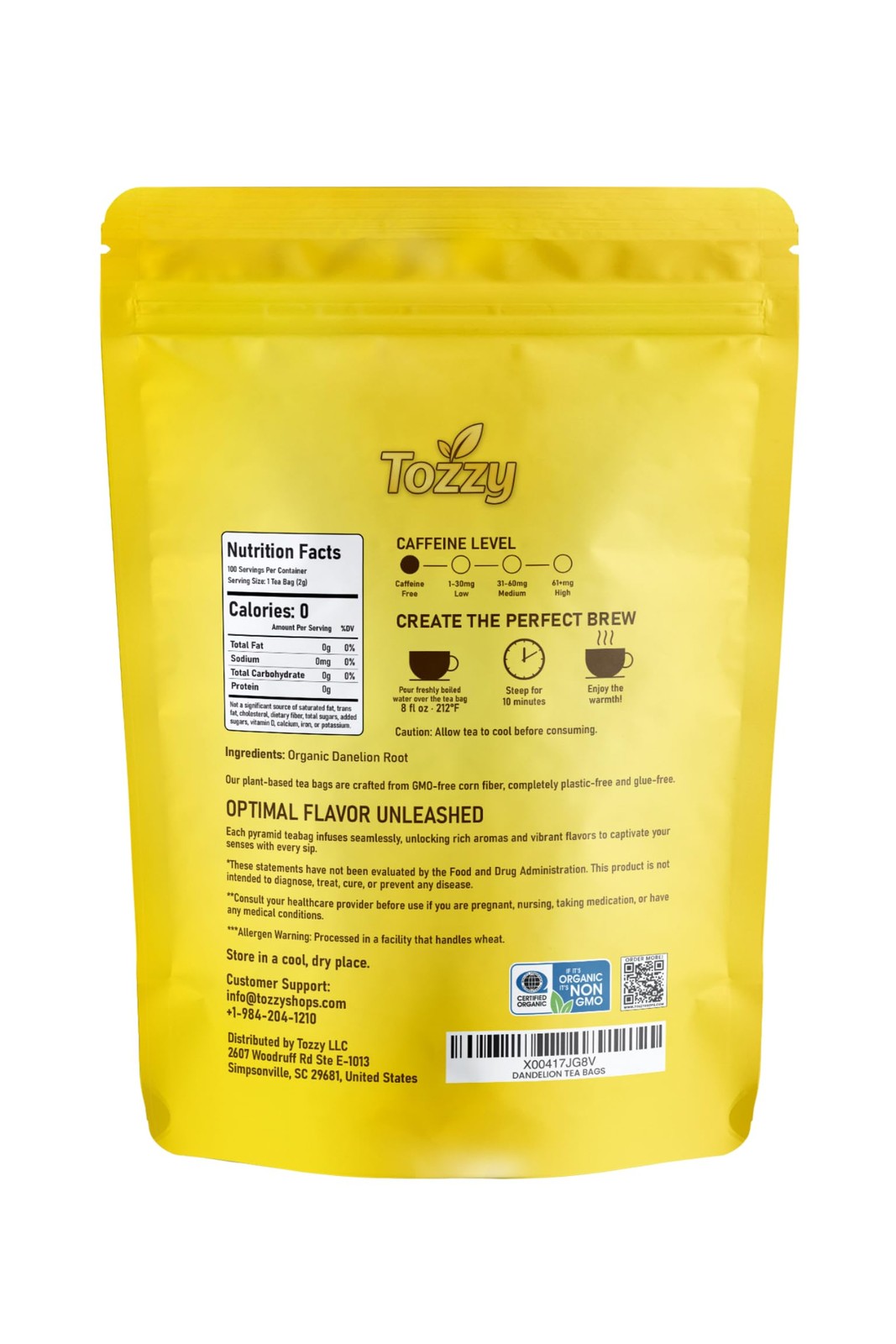 Tozzy Organic Dandelion Tea – 100 Count, PlantBased Pyramid Tea Bags – Packag…