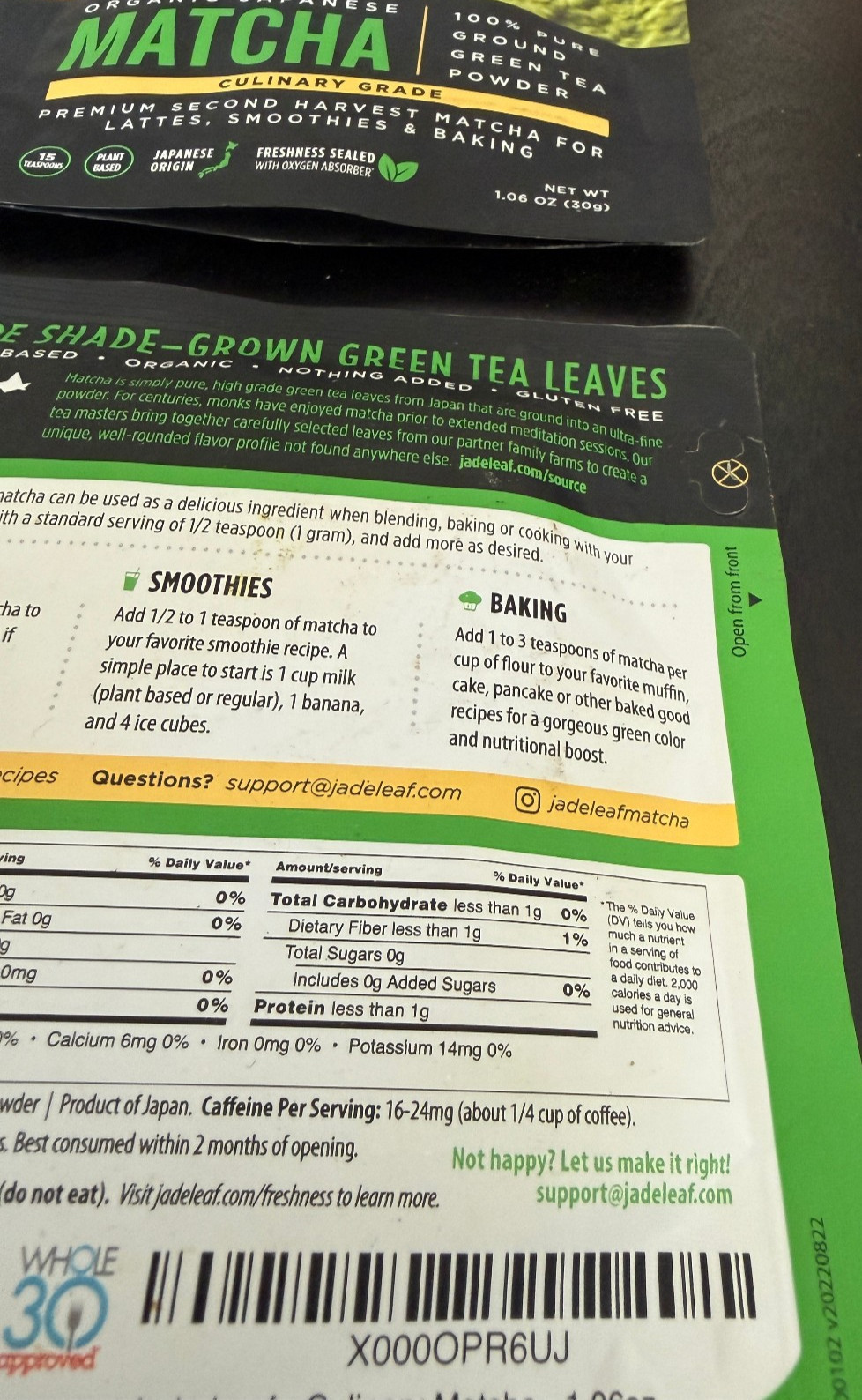 2 Pack Jade Leaf Organic Japanese Culinary Matcha Powdered Green Tea 2 X 30g