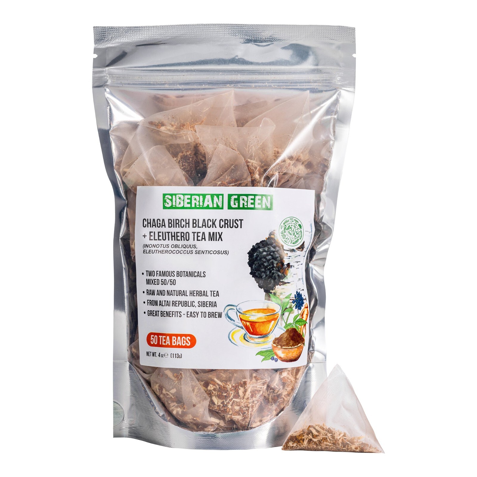 Siberian Chaga Tea with Eleuthero Root | 50 Tea Bags for Energy & Wellness