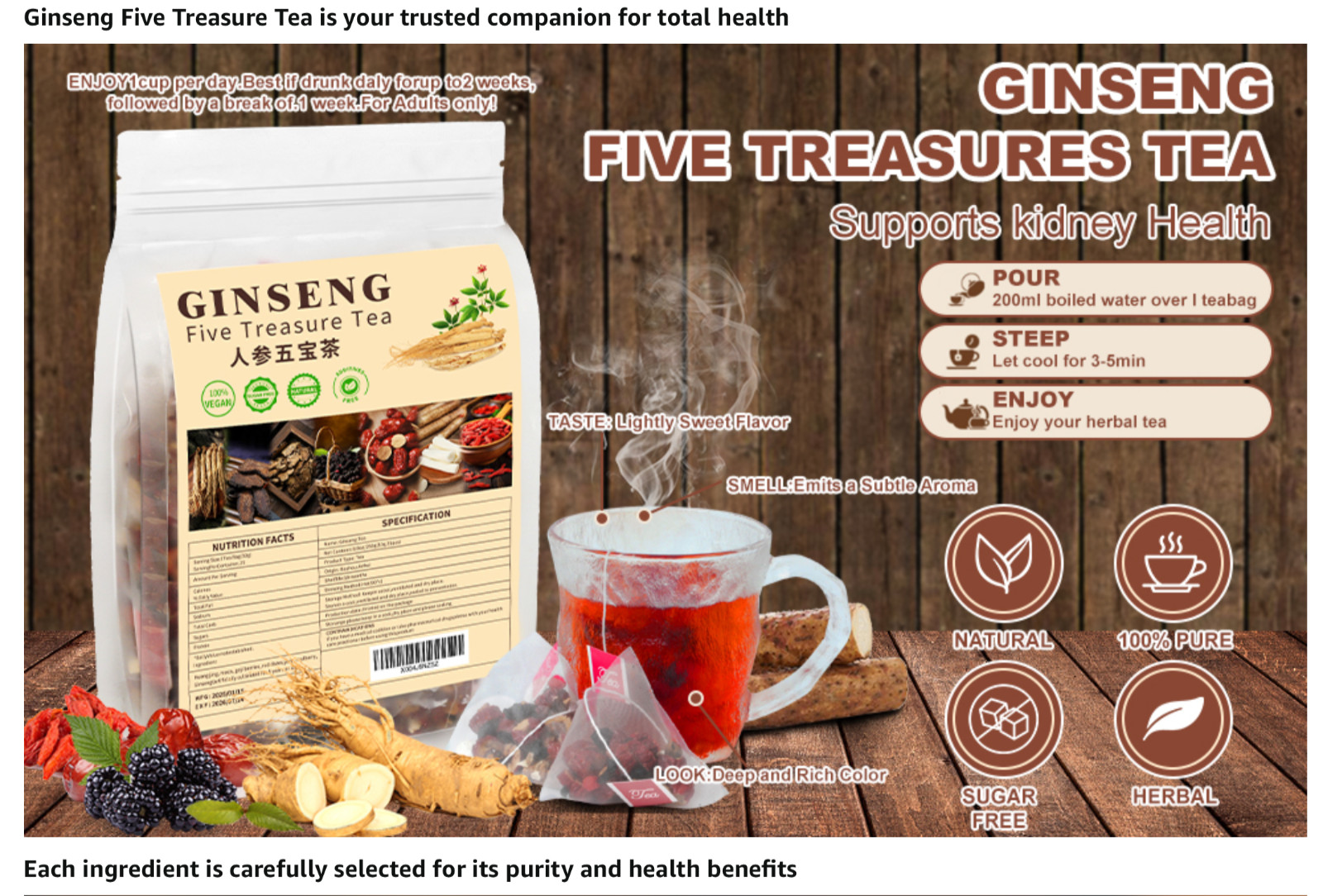 Ginseng Five Treasure Tea, 25 bags, 10 g each, EXP 12/06/26