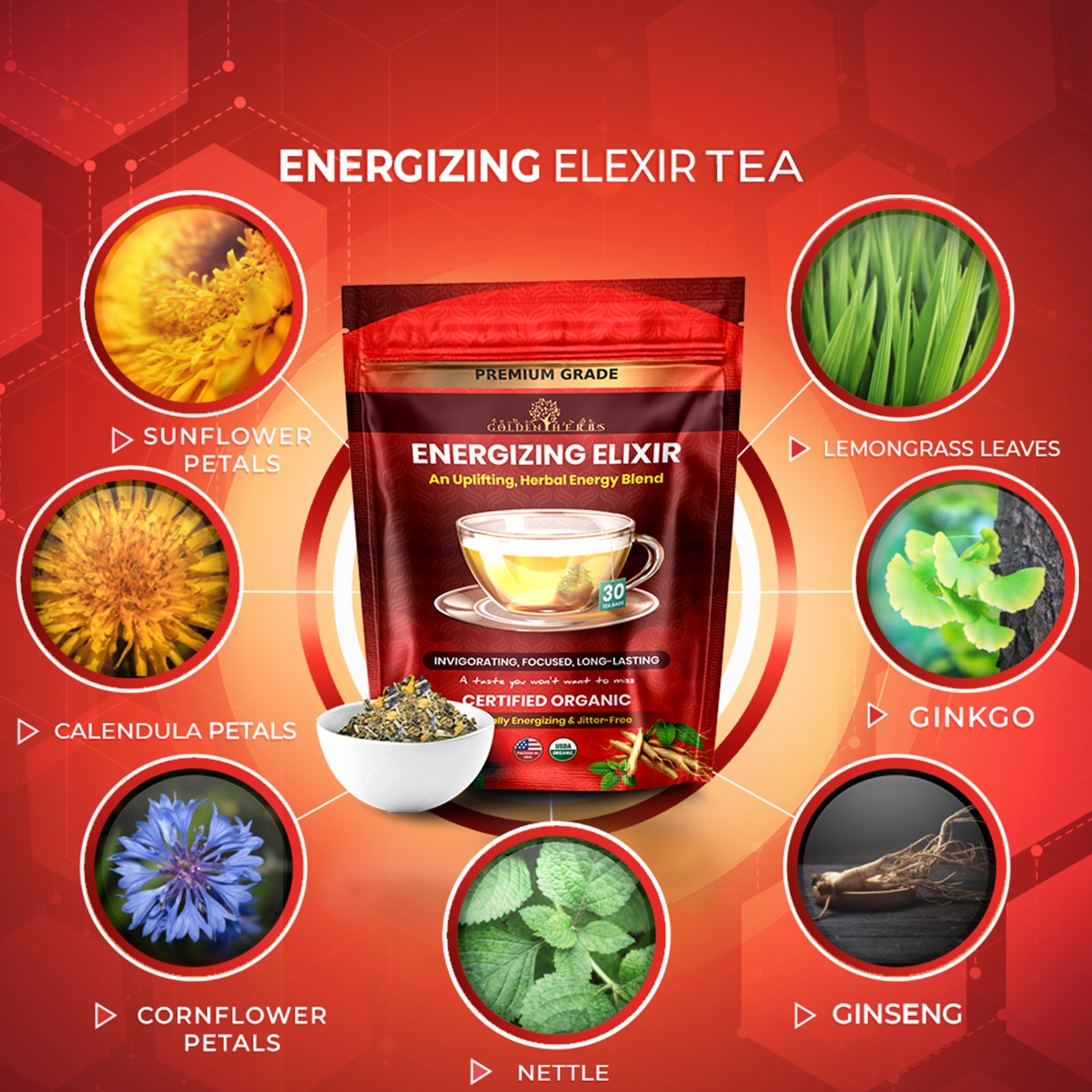 Golden Herbs Energizing Elixir Herbal Tea Natural Energy & Focus Support