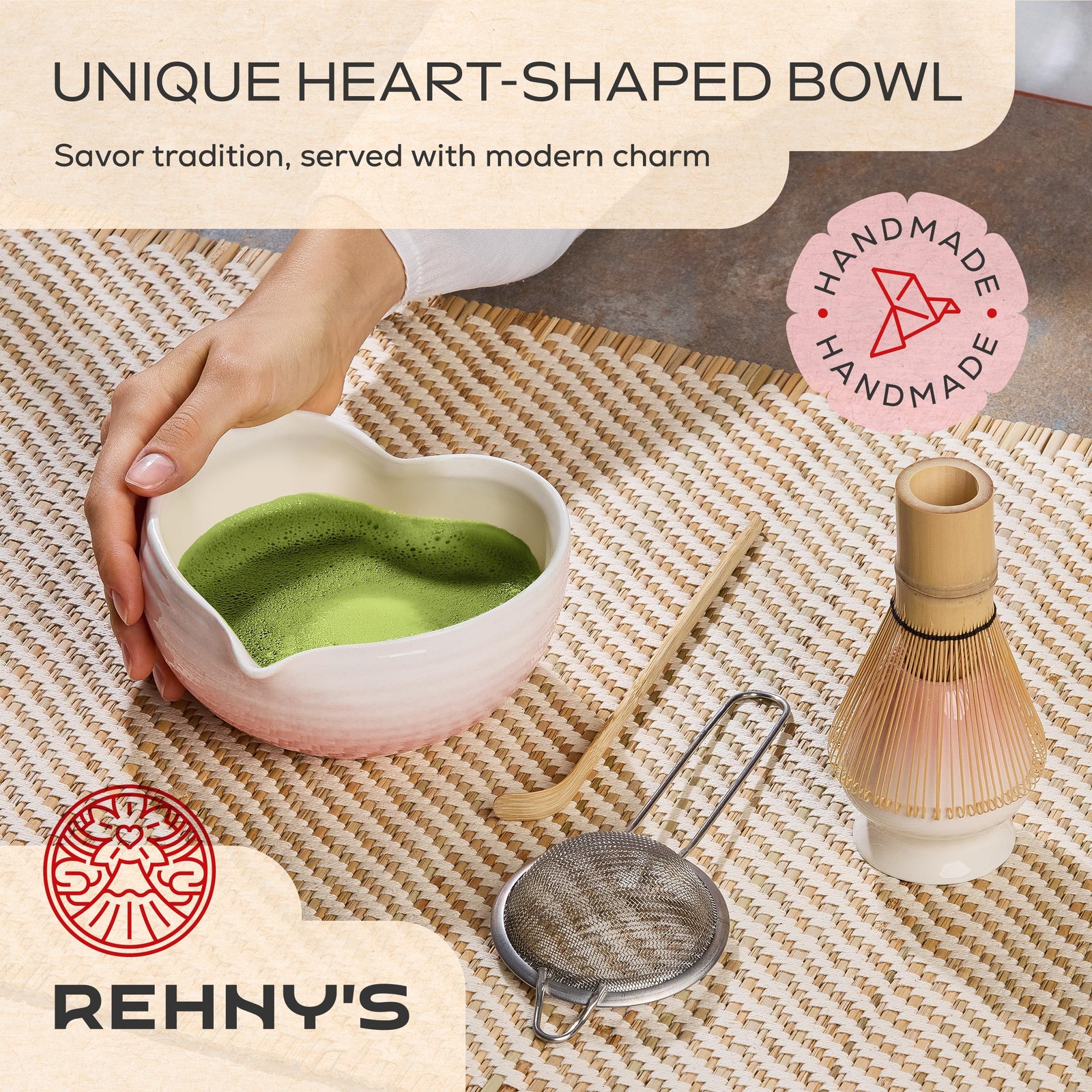 Matcha Whisk Set Heart Shaped Bowl Sifter Scoop Cute Tea Gift Kit