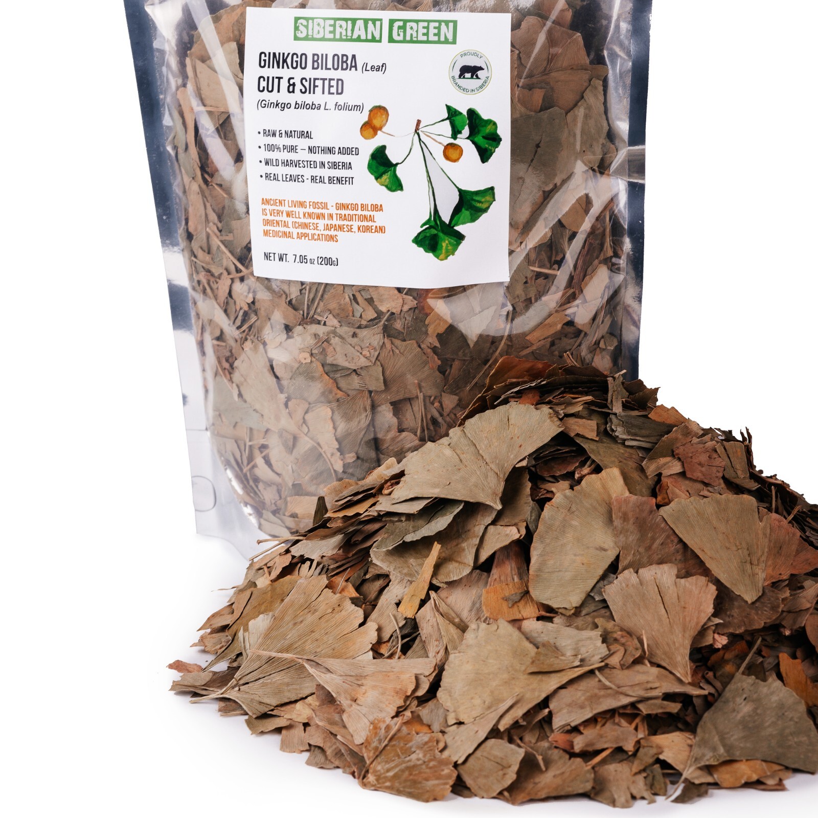 Siberian Green Ginkgo Biloba Cut and Sifted Leaf 200g (7.06 oz) Wild Harvest