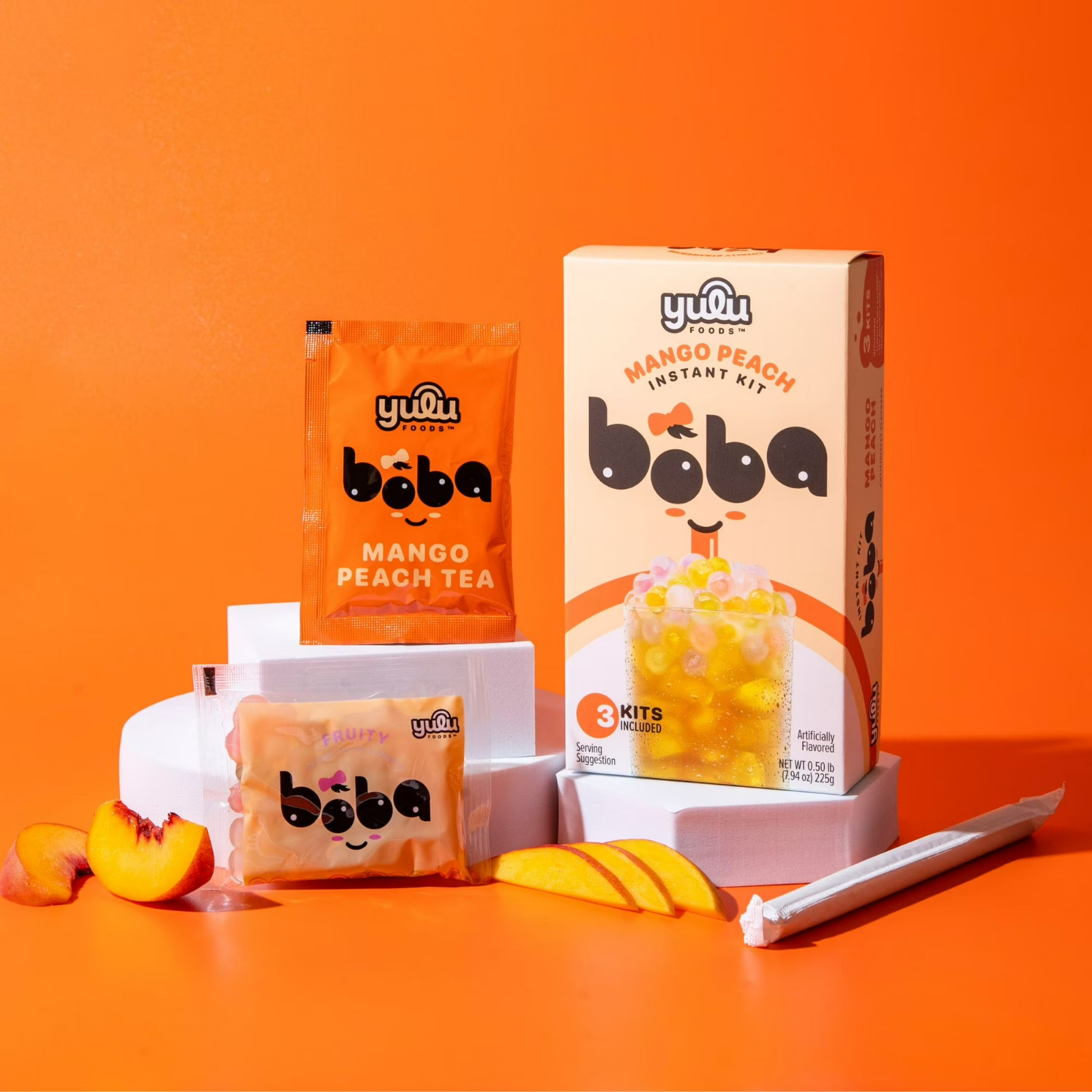 Yulu Instant Boba Mango Peach Tea, Bubble Tea Kit, 3 Drinks