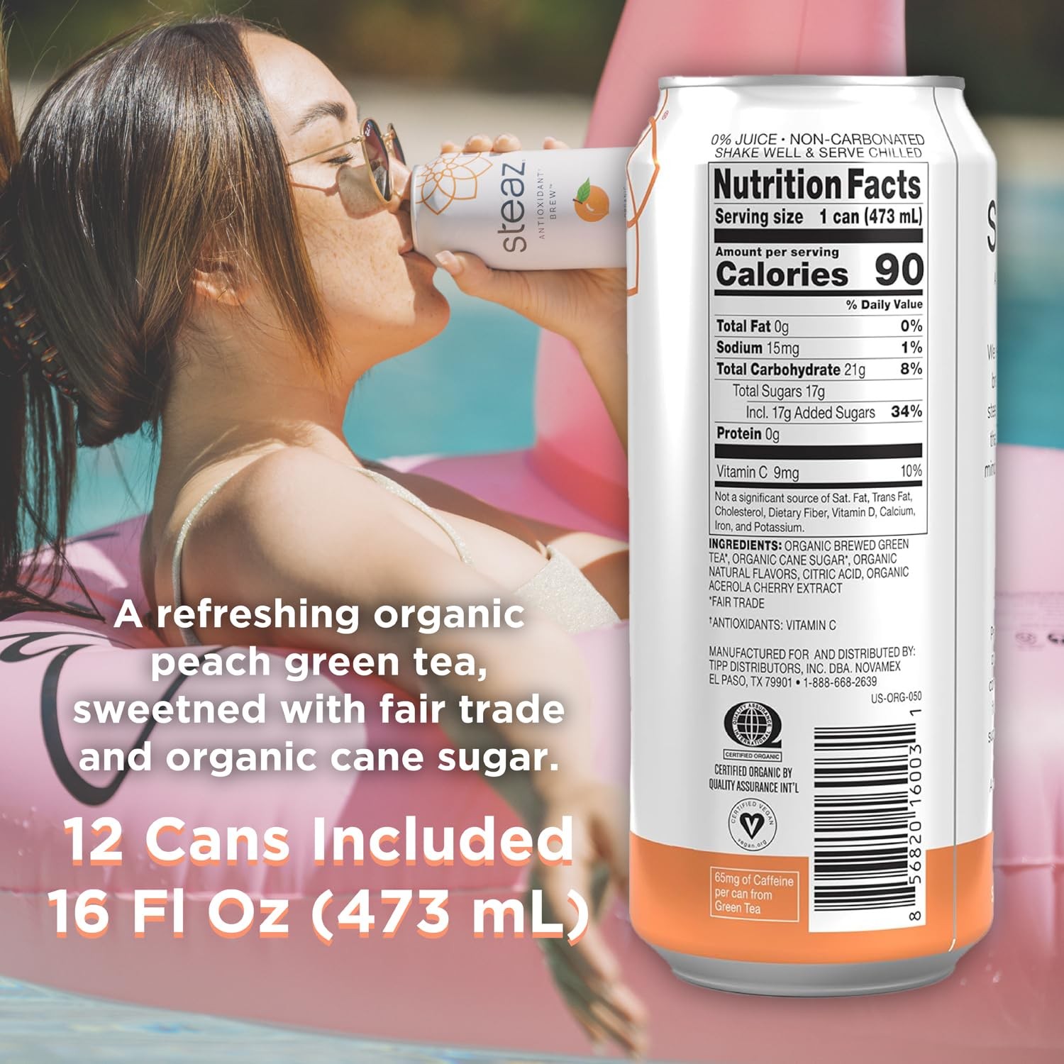 Steaz – Organic Green Tea – Peach Flavored (12 Pack) – Antioxidant Brew – 65m…