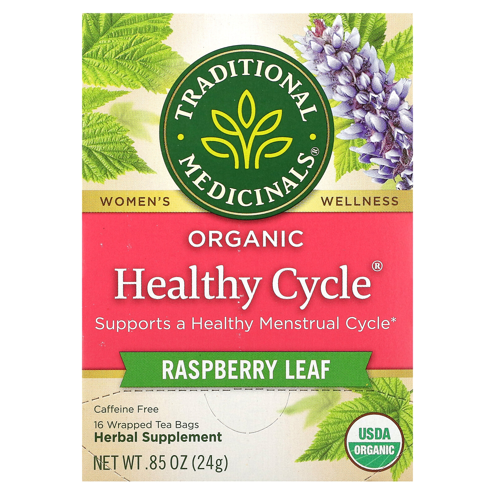 Organic Healthy Cycle, Raspberry Leaf, Caffeine Free, 16 Wrapped Tea Bags, 0.85