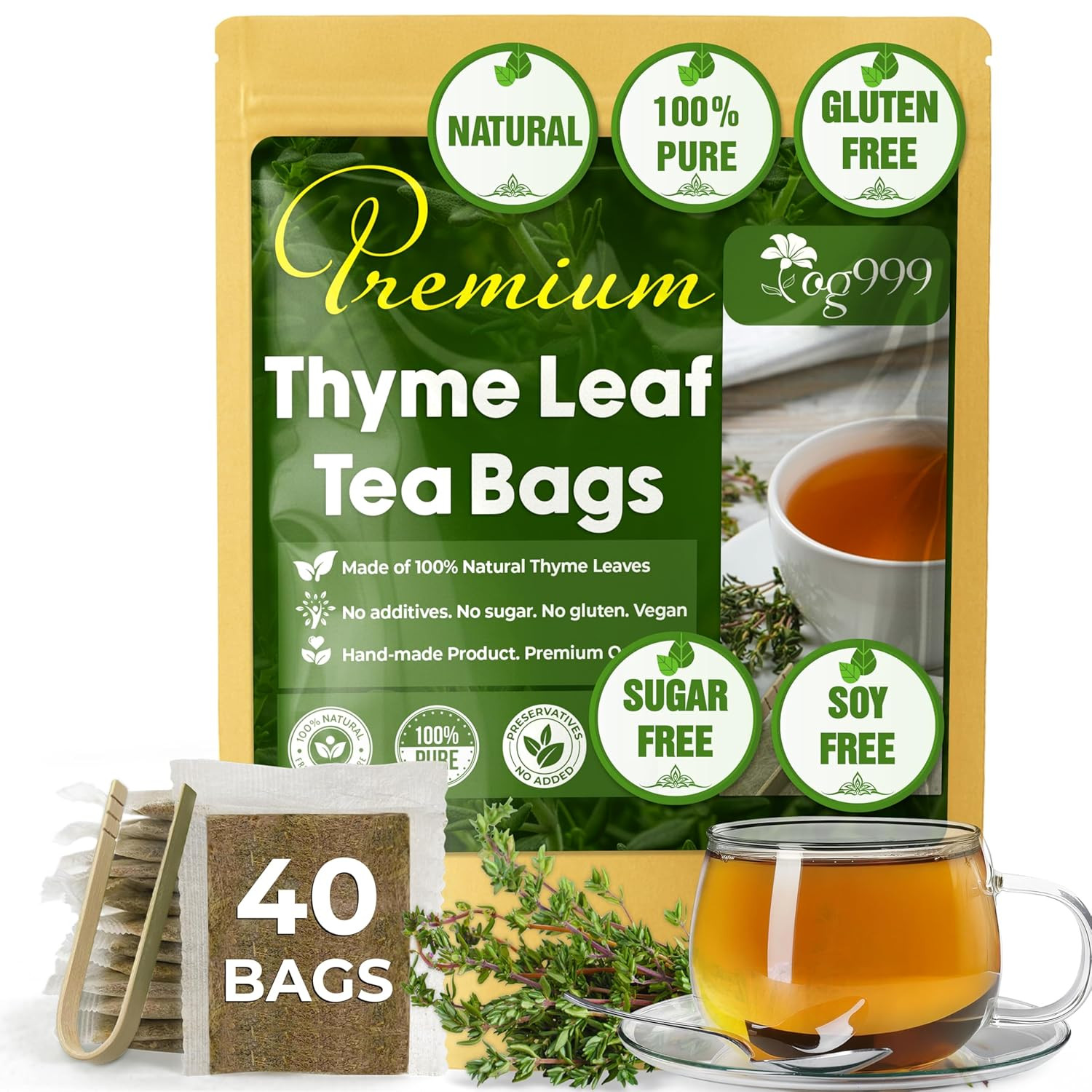 TOG999, Premium 40 Thyme Leaf Tea Bags, 100% Natural & Pure, Loose Leaf Herbal T