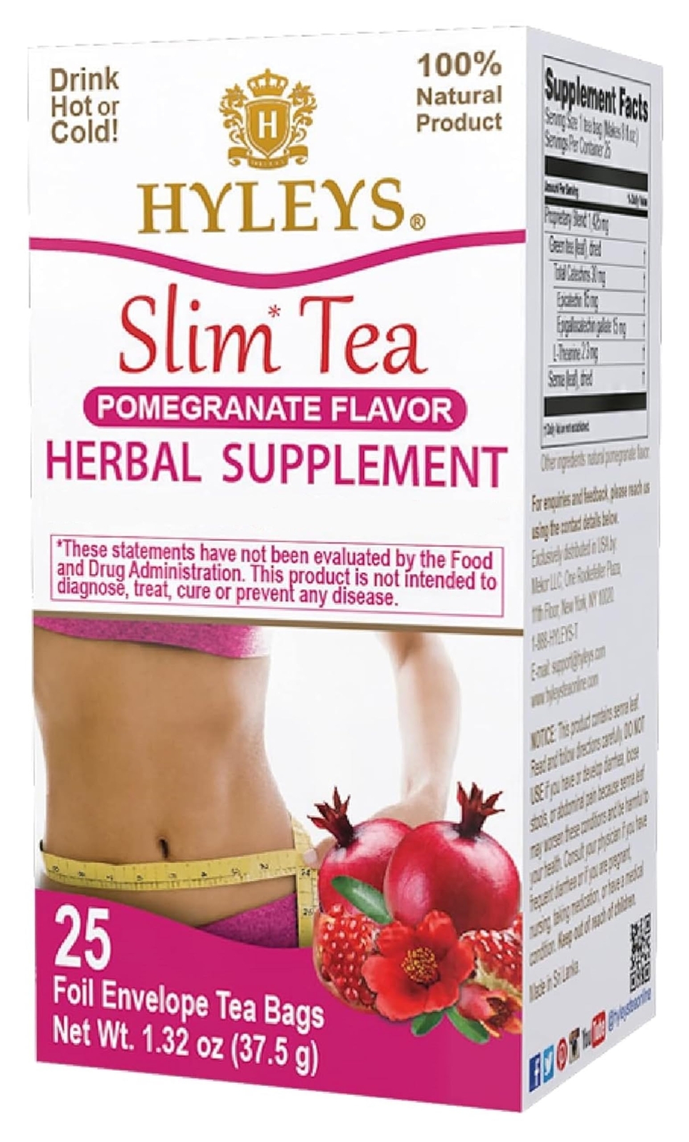 Hyleys Slim Tea Pomegranate Weight Loss Herbal Supplement Cleanse & Detox 25ct