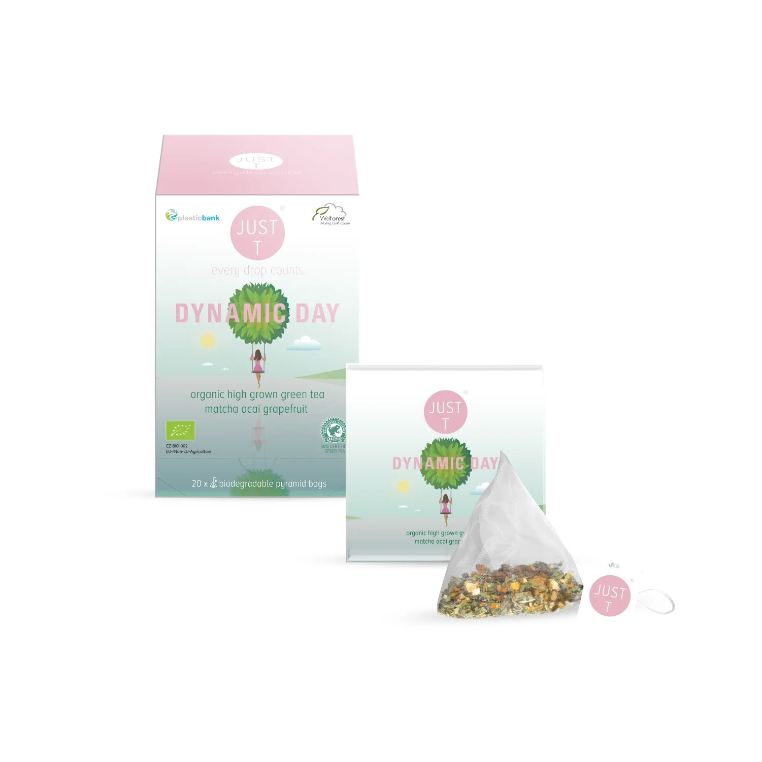 4-pack lot 20CT JUST T Dynamic Day Grapefruit flavored organic GREEN tea