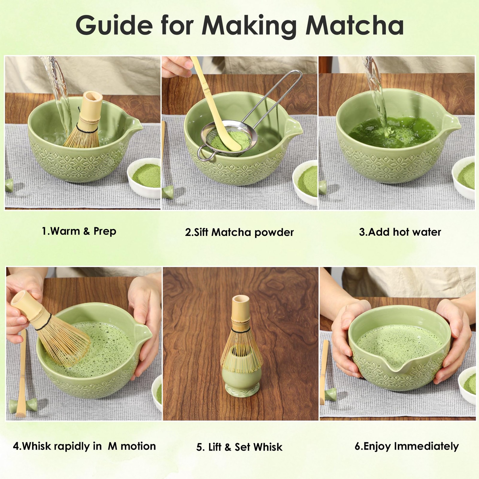 Matcha Whisk Set 7 Pc Bowl w Spout Bamboo Whisk Holder Scoop Sifter Green