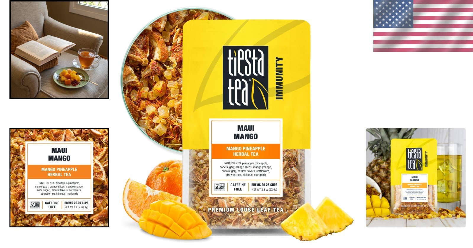 Tropical Mango Pineapple Herbal Tea, Gluten-Free, 25 Cups in Resealable Pouch