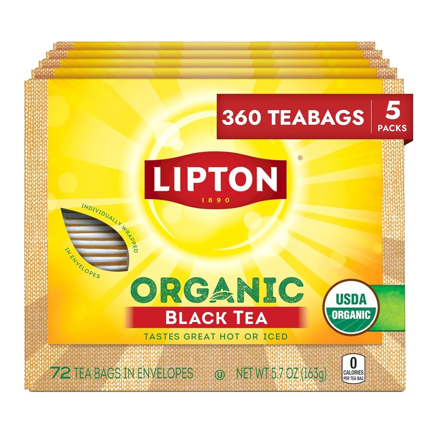 Lipton Organic Tea Bags, Black Tea, Iced or Hot Can 72 Count (Pack of 5)
