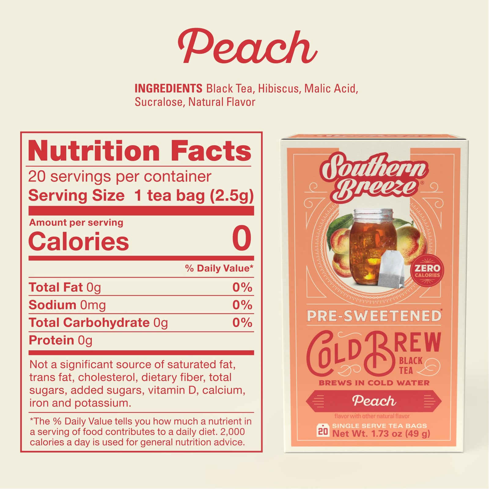 Southern Breeze Cold Brew Sweet Tea Zero Sugar 20 Count Tea Bags Iced Tea