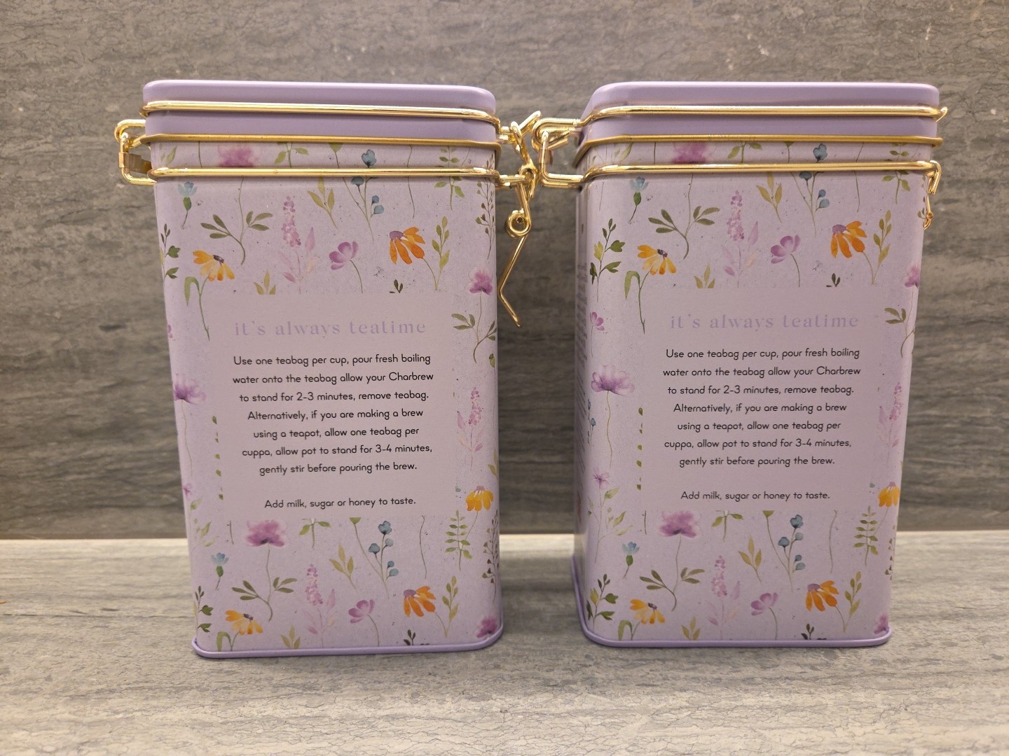 Charbrew Tea – 2 Pretty Collectible Caddies Locking Tins – Chamomile & Lavender