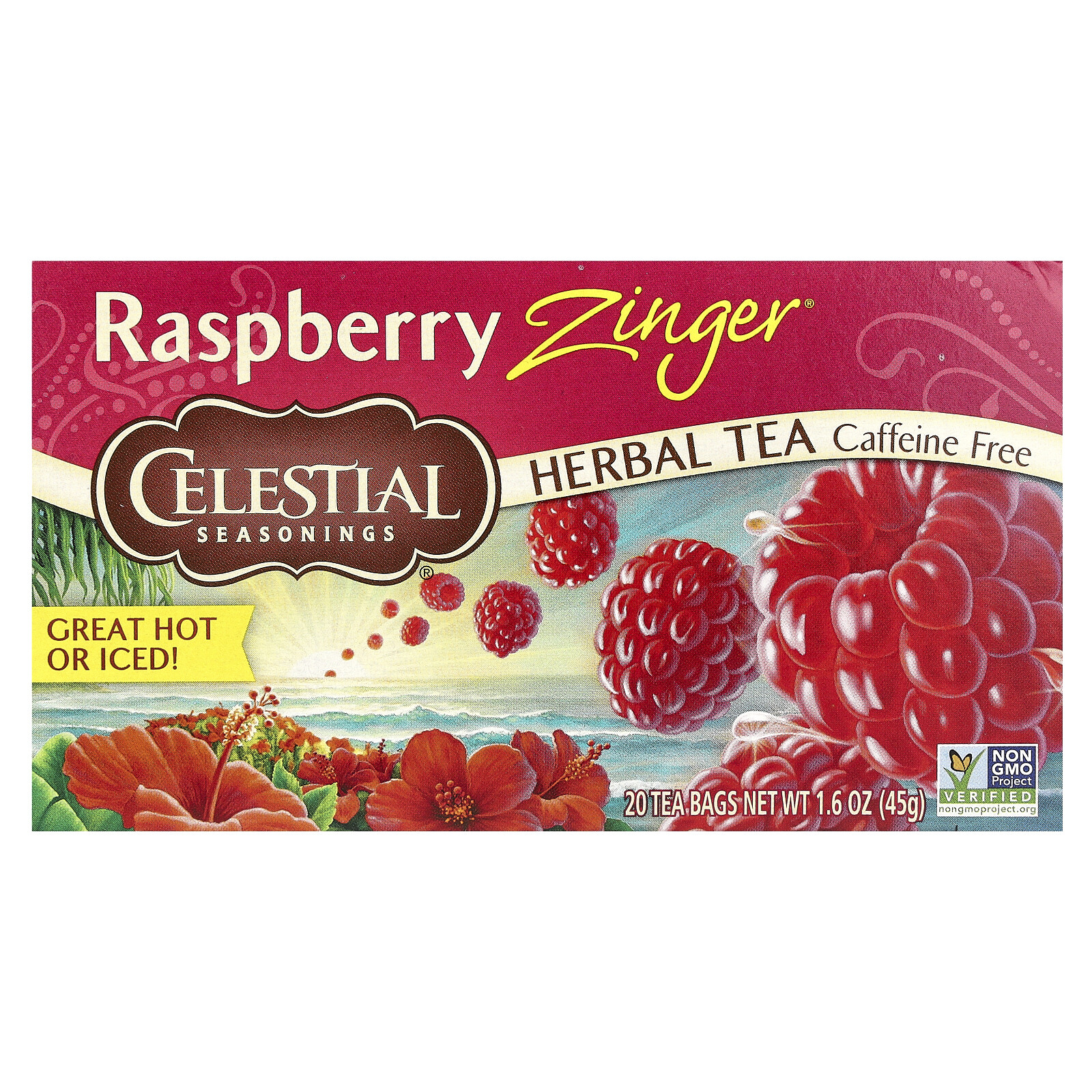 Herbal Tea, Raspberry Zinger®, Caffeine Free, 20 Tea Bags, 1.6 oz (45 g)