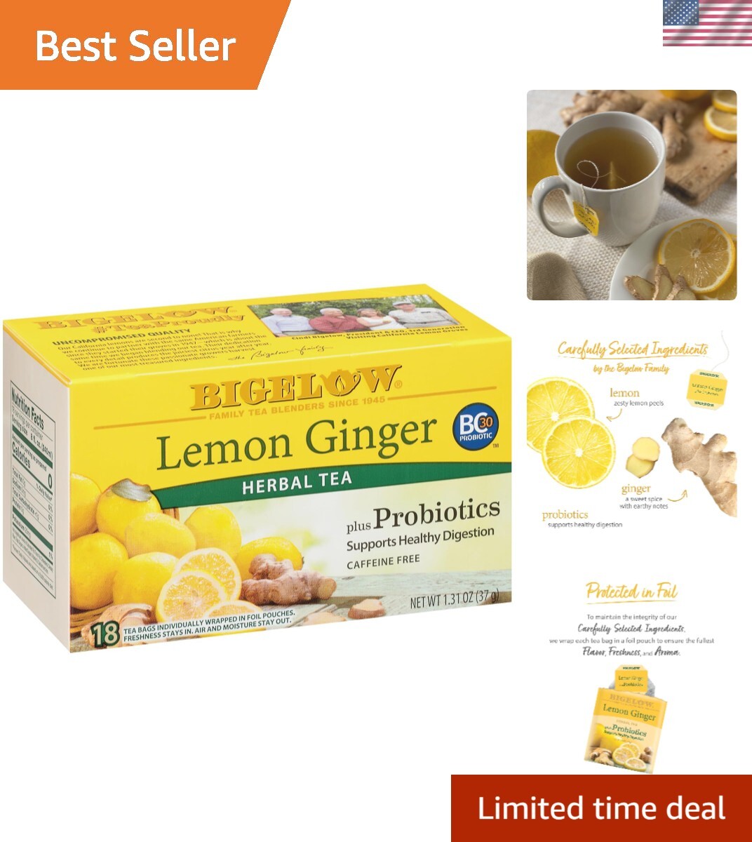Probiotic Lemon Ginger Tea Bags – 108 Count | Digestive Support & Relaxation