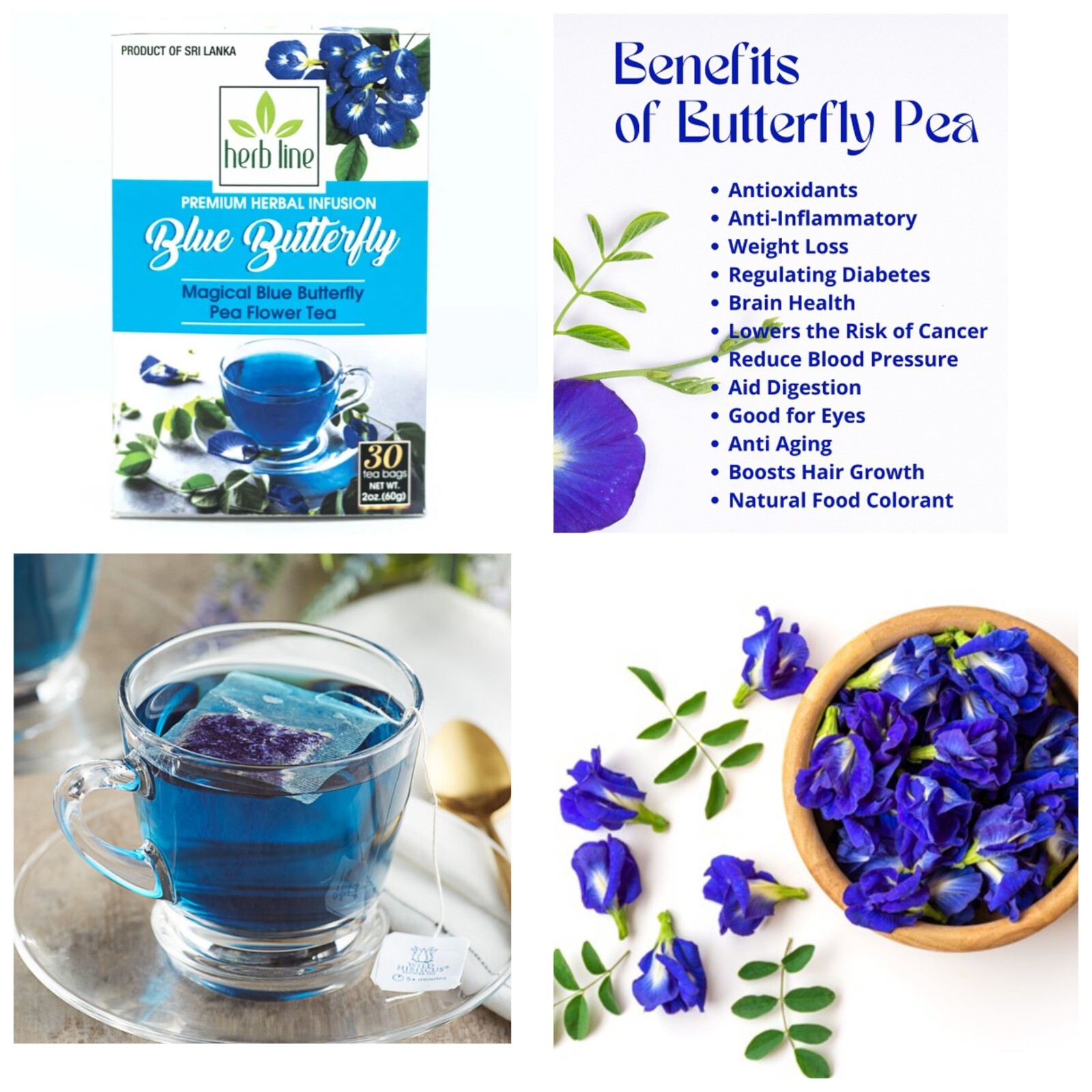 100% Natural Butterfly Pea Flower Tea Pure Organic Herbal Drink (30Pcs Tea Bags)