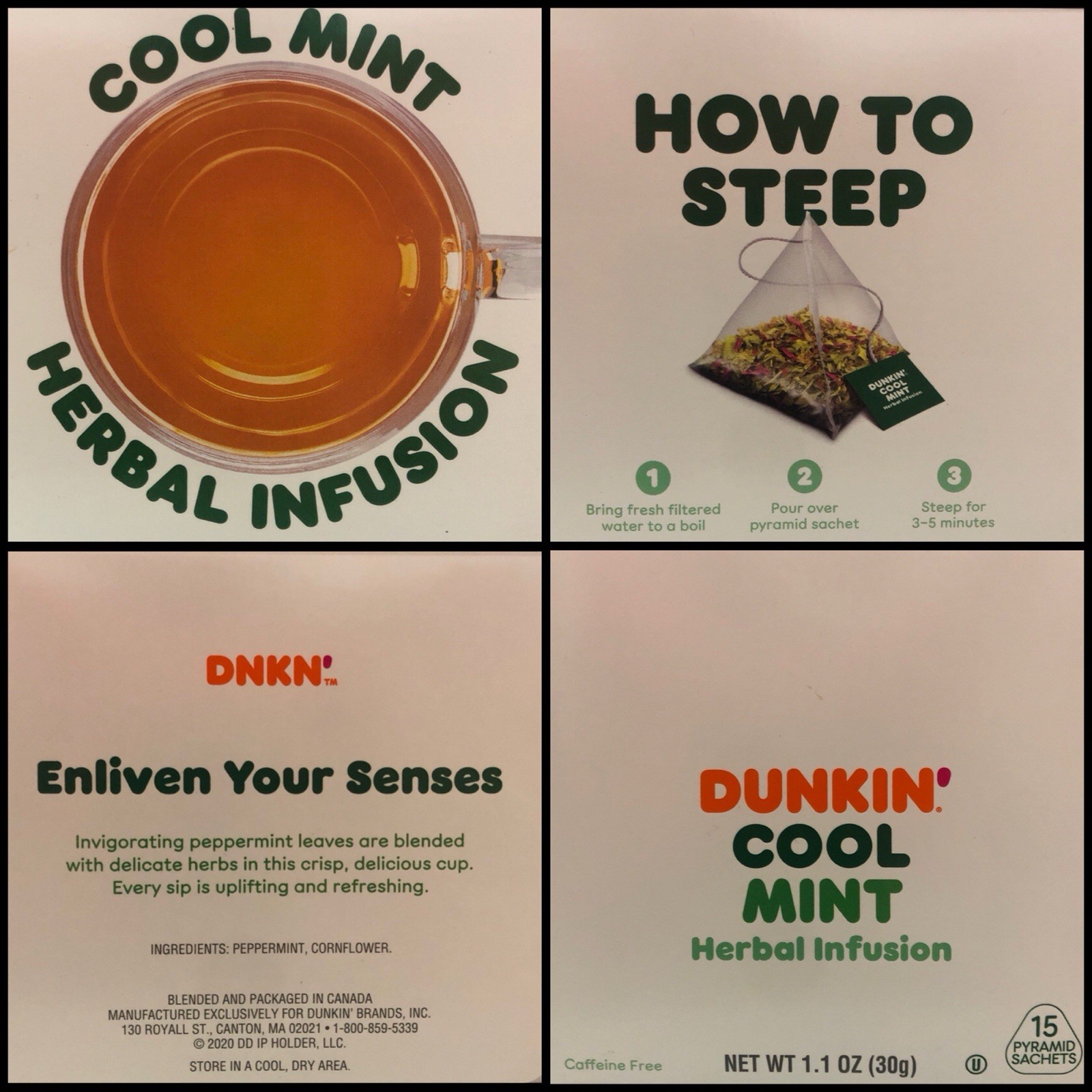 Dunkin Cool Mint Herbal Infusion Tea 15 Tea bags Enliven Your Senses 1.1oz/30g