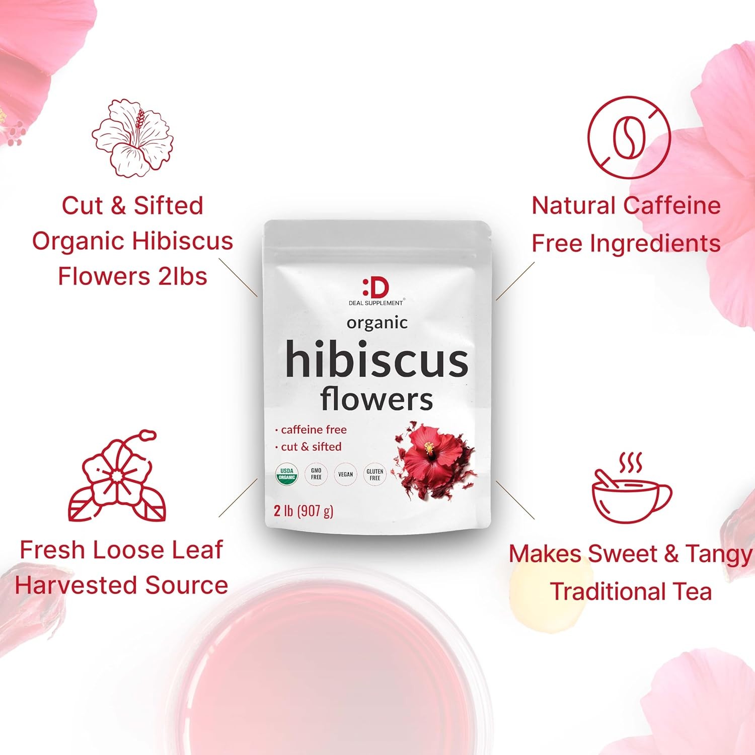 Dried Organic Hibiscus Flowers, 2 Pounds – Cut & Sifted Whole Leaves – Loose…