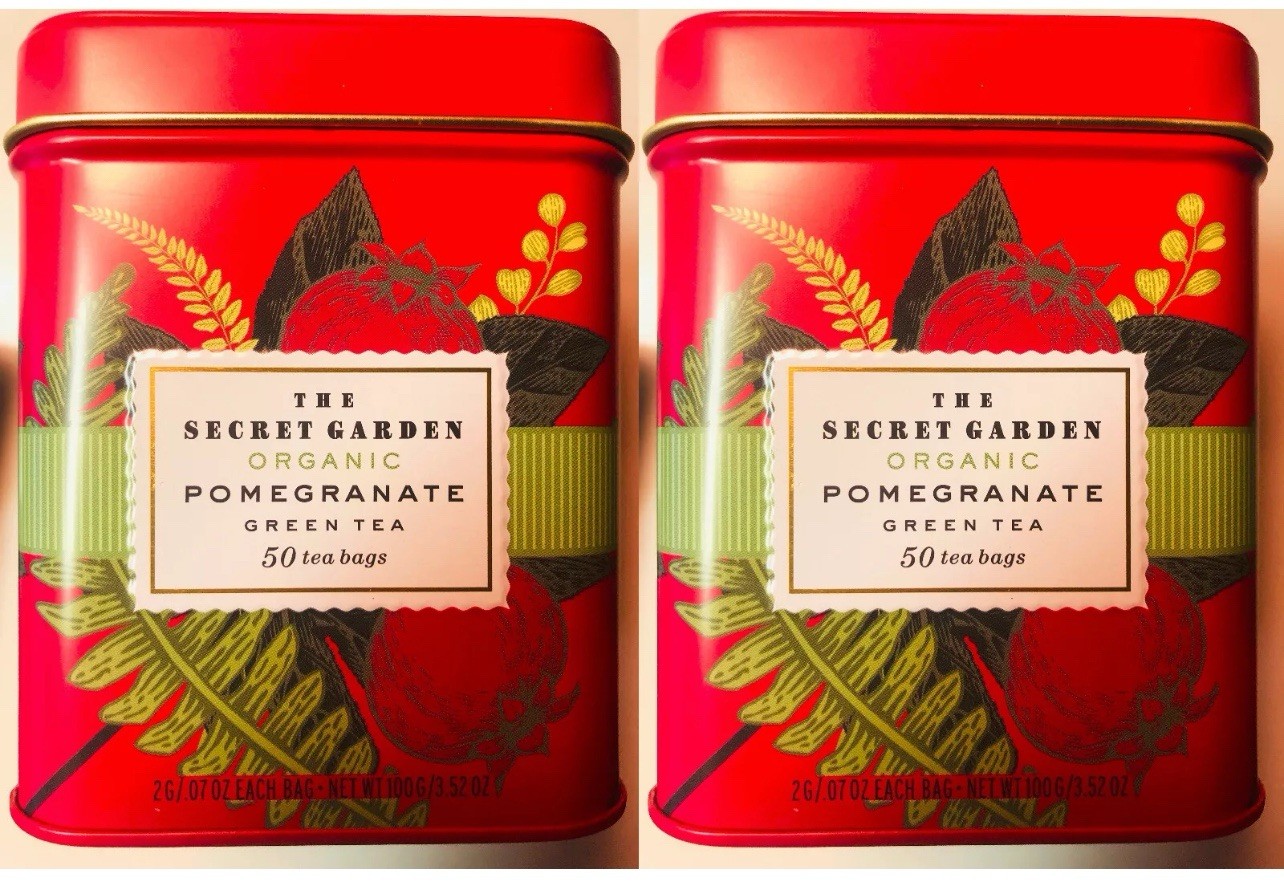 2 tins of 50 BAGS EACH, THE SECRET GARDEN ORGANIC POMEGRANATE CEYLON GREEN TEA