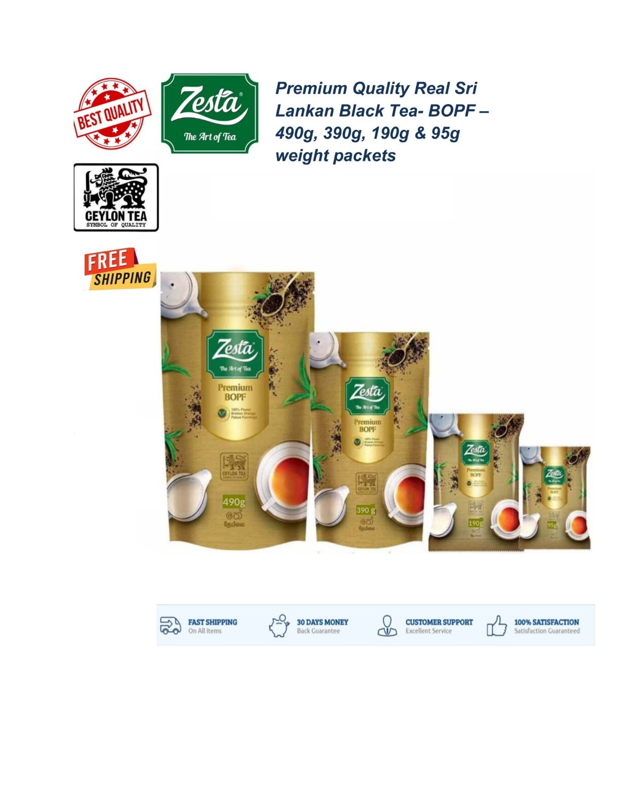 Premium Quality Real Sri Lankan Black Tea- BOPF 490g, 390g, 190g, 95g Packets