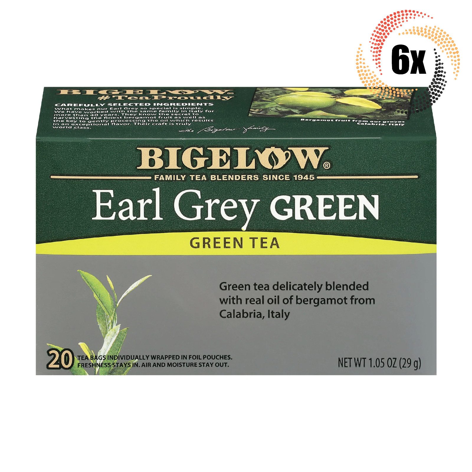 6x Boxes Bigelow Earl Grey Natural Green Tea | 20 Pouches Per Box | 1.05oz